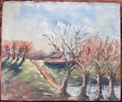 Paesaggio di campagna francese olio di sentiero della fattoria e alberi secolari vicino al fiume