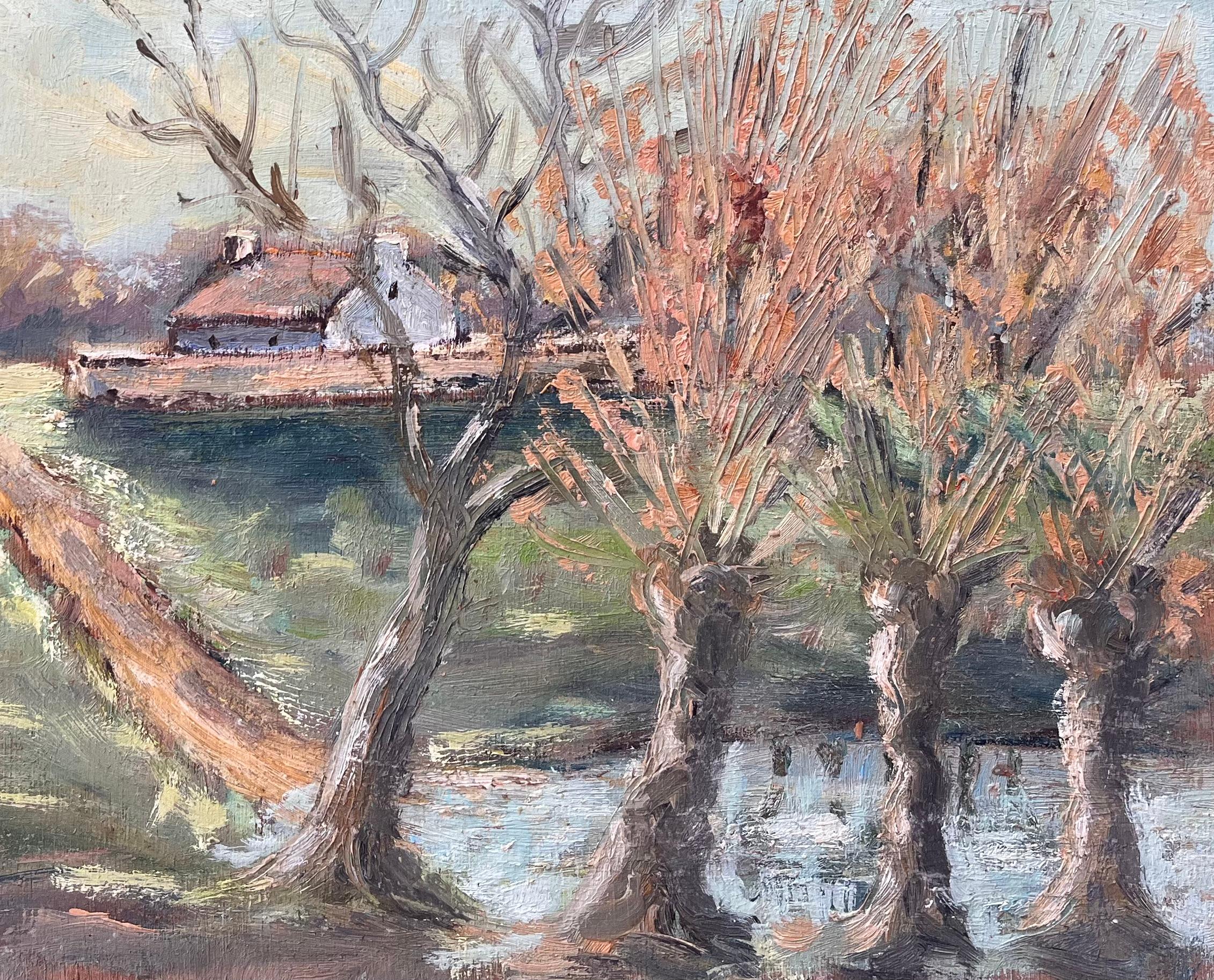 French Countryside Landscape Oil of Farmhouse Path and Pollarded Trees by River - Impressionist Painting by Fanch Lel