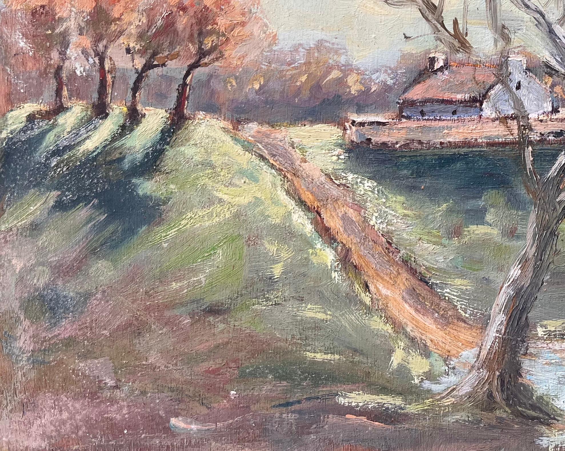 French Countryside Landscape Oil of Farmhouse Path and Pollarded Trees by River - Gray Landscape Painting by Fanch Lel