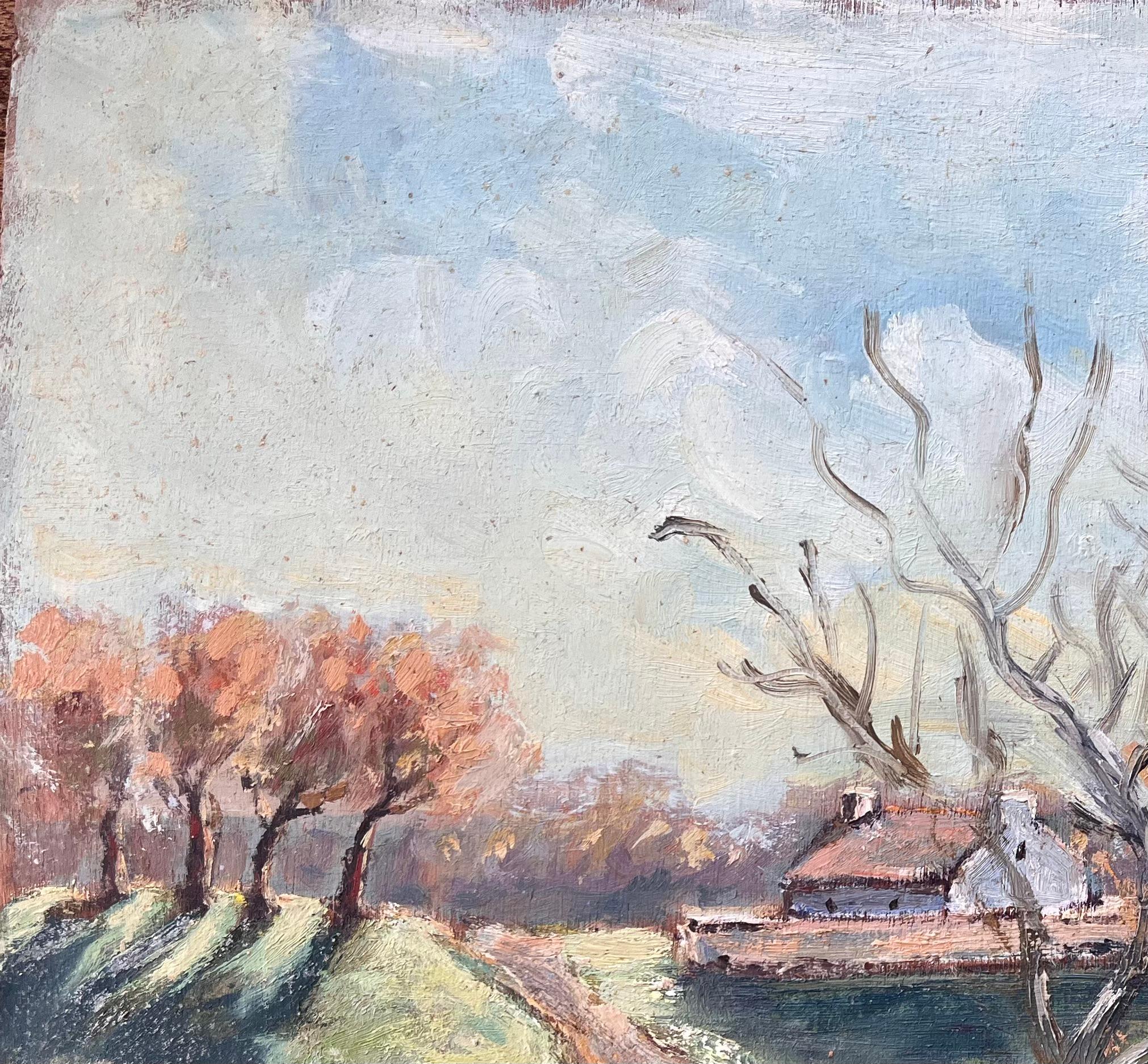 French Countryside Landscape Oil of Farmhouse Path and Pollarded Trees by River For Sale 1