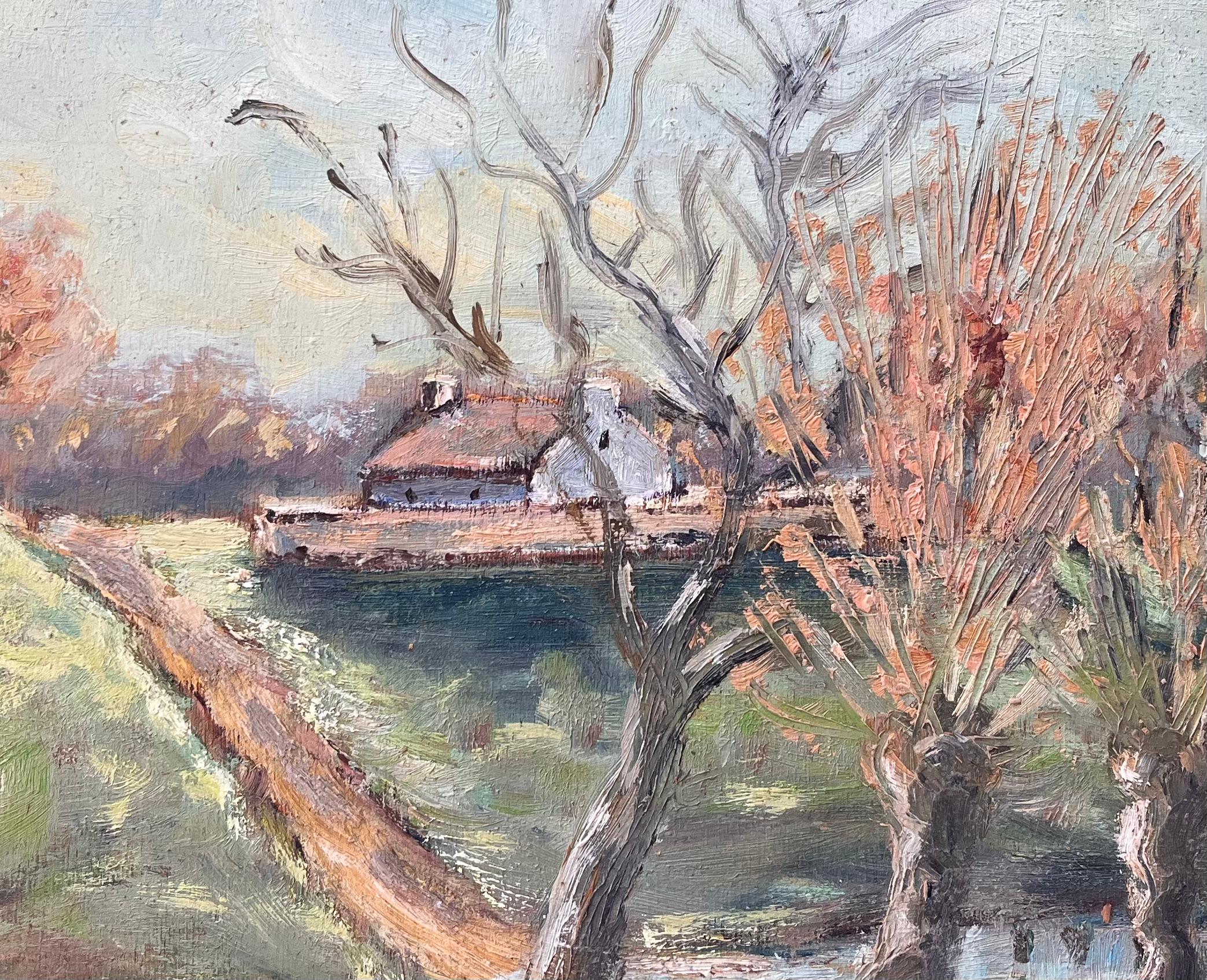 French Countryside Landscape Oil of Farmhouse Path and Pollarded Trees by River For Sale 2