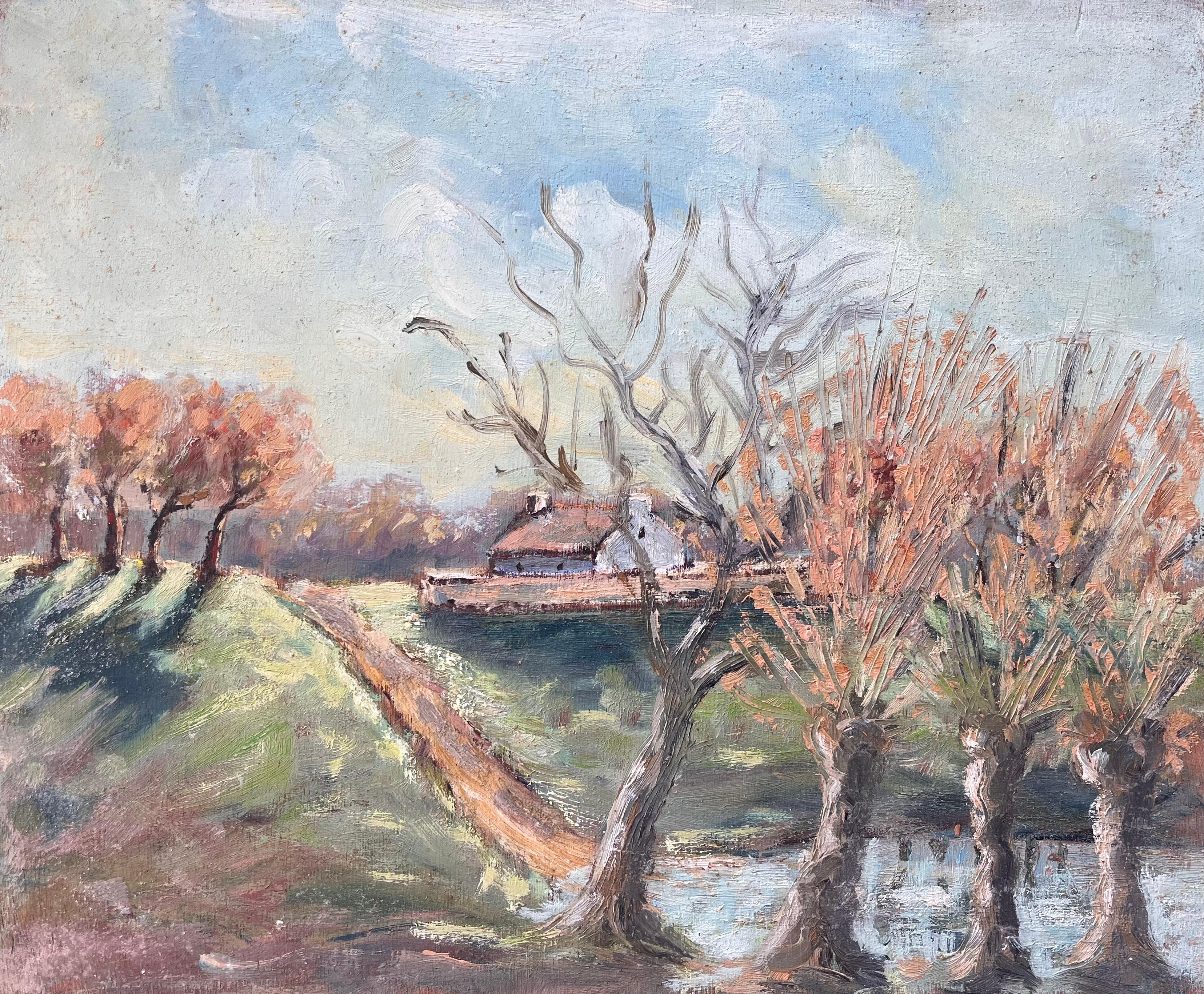French Countryside Landscape Oil of Farmhouse Path and Pollarded Trees by River