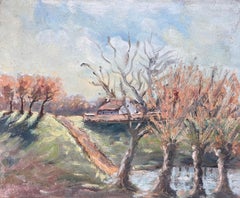 Paesaggio di campagna francese olio di sentiero della fattoria e alberi secolari vicino al fiume