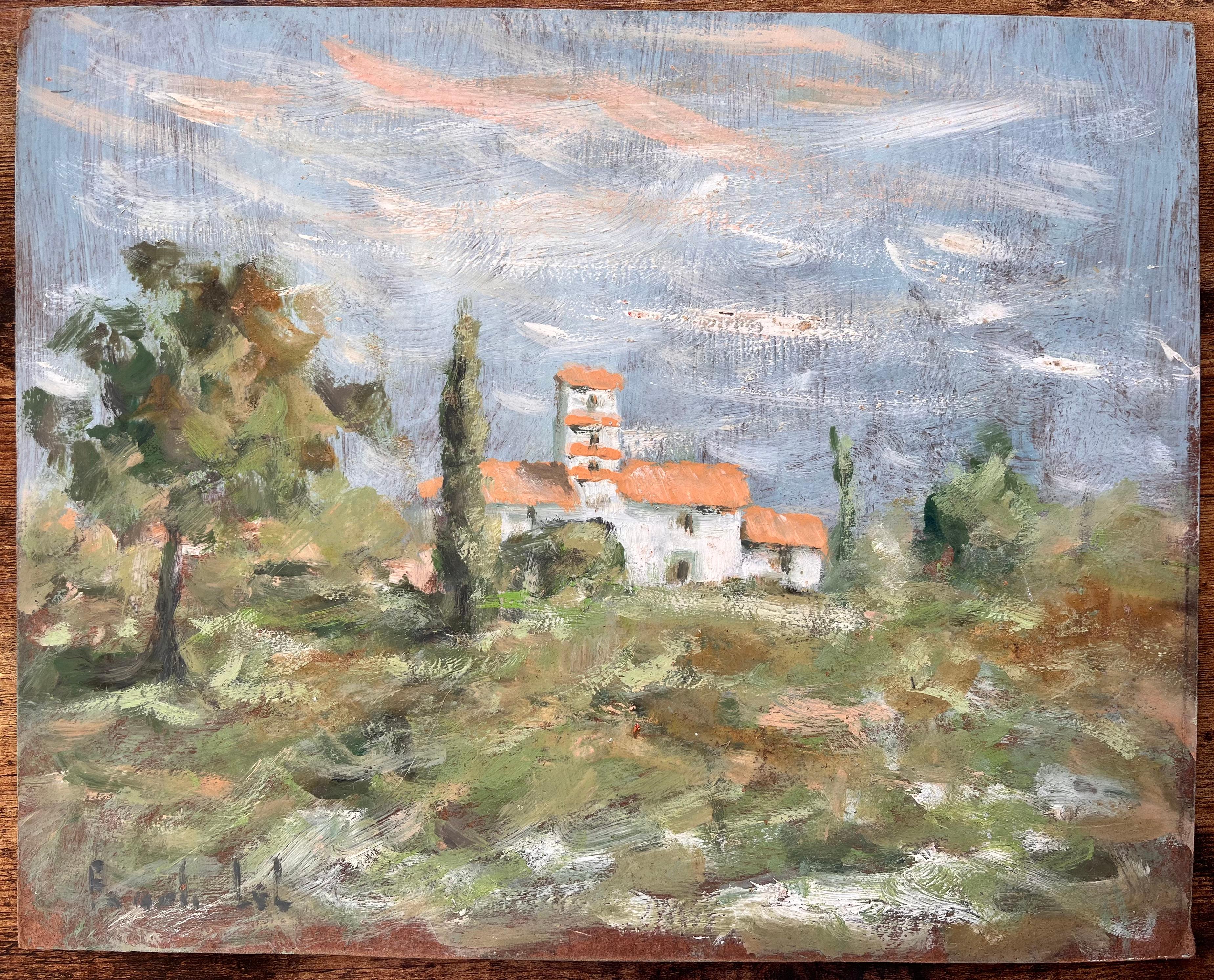 Paesaggio di campagna francese con cascina bianca e tetti arancioni - Painting di Fanch Lel