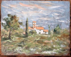 Paesaggio di campagna francese con cascina bianca e tetti arancioni