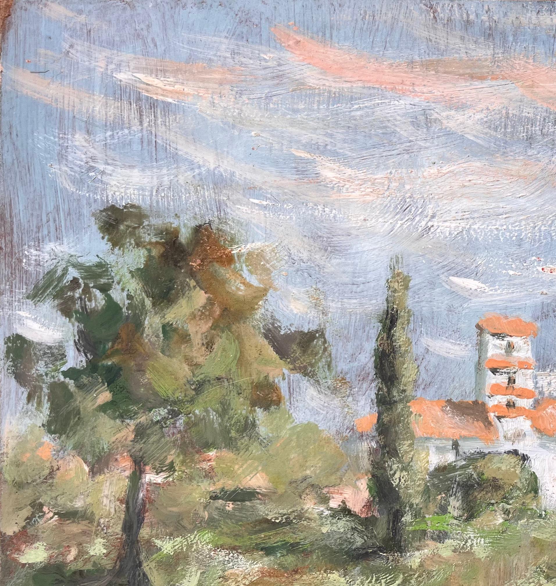Paesaggio di campagna francese con cascina bianca e tetti arancioni - Abstract Painting Grigio di Fanch Lel
