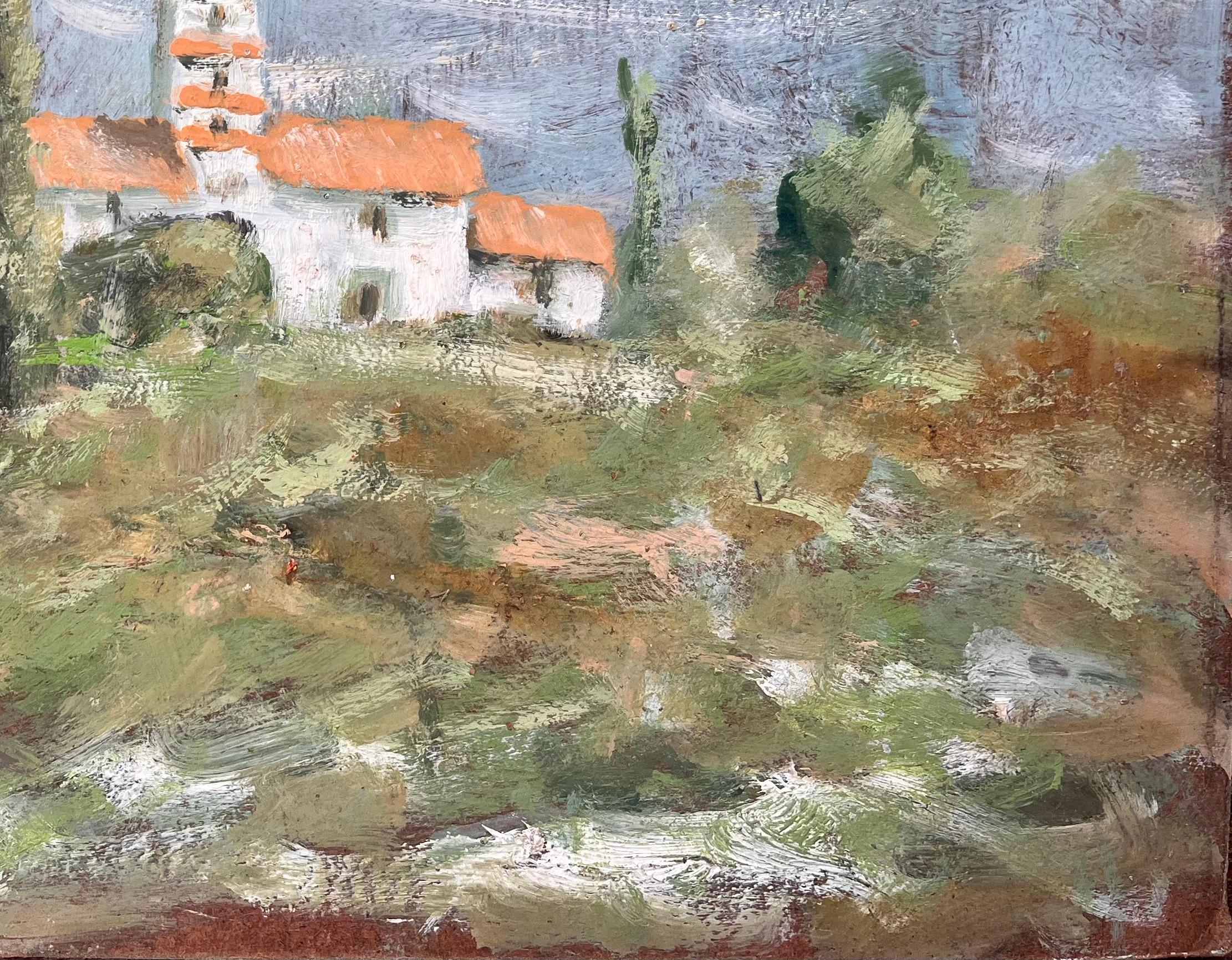 Paesaggio di campagna francese con cascina bianca e tetti arancioni in vendita 1