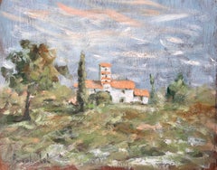 French Countryside Landscape with White Farmhouse and Orange Roofs