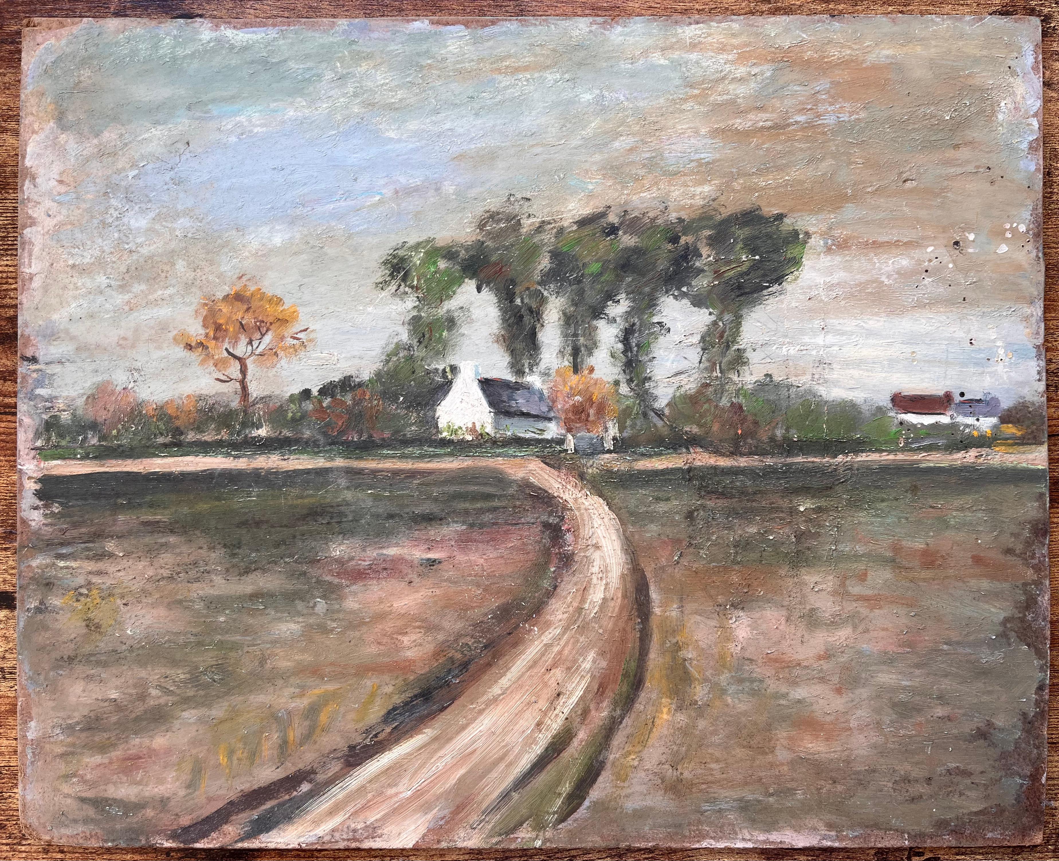 Pittura ad olio di campagna francese con sentiero curvo Agriturismo Autunno Alberi e Campi - Painting di Fanch Lel