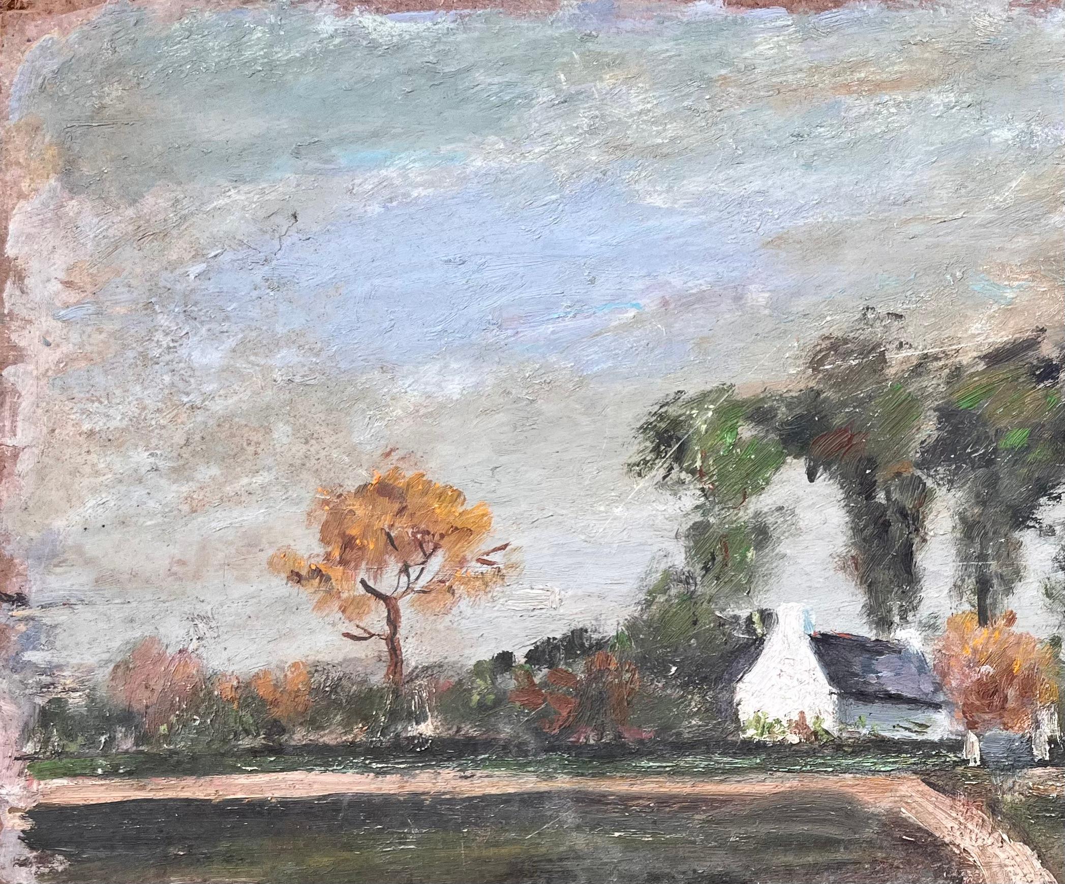 Pittura ad olio di campagna francese con sentiero curvo Agriturismo Autunno Alberi e Campi - Painting Impressionismo di Fanch Lel