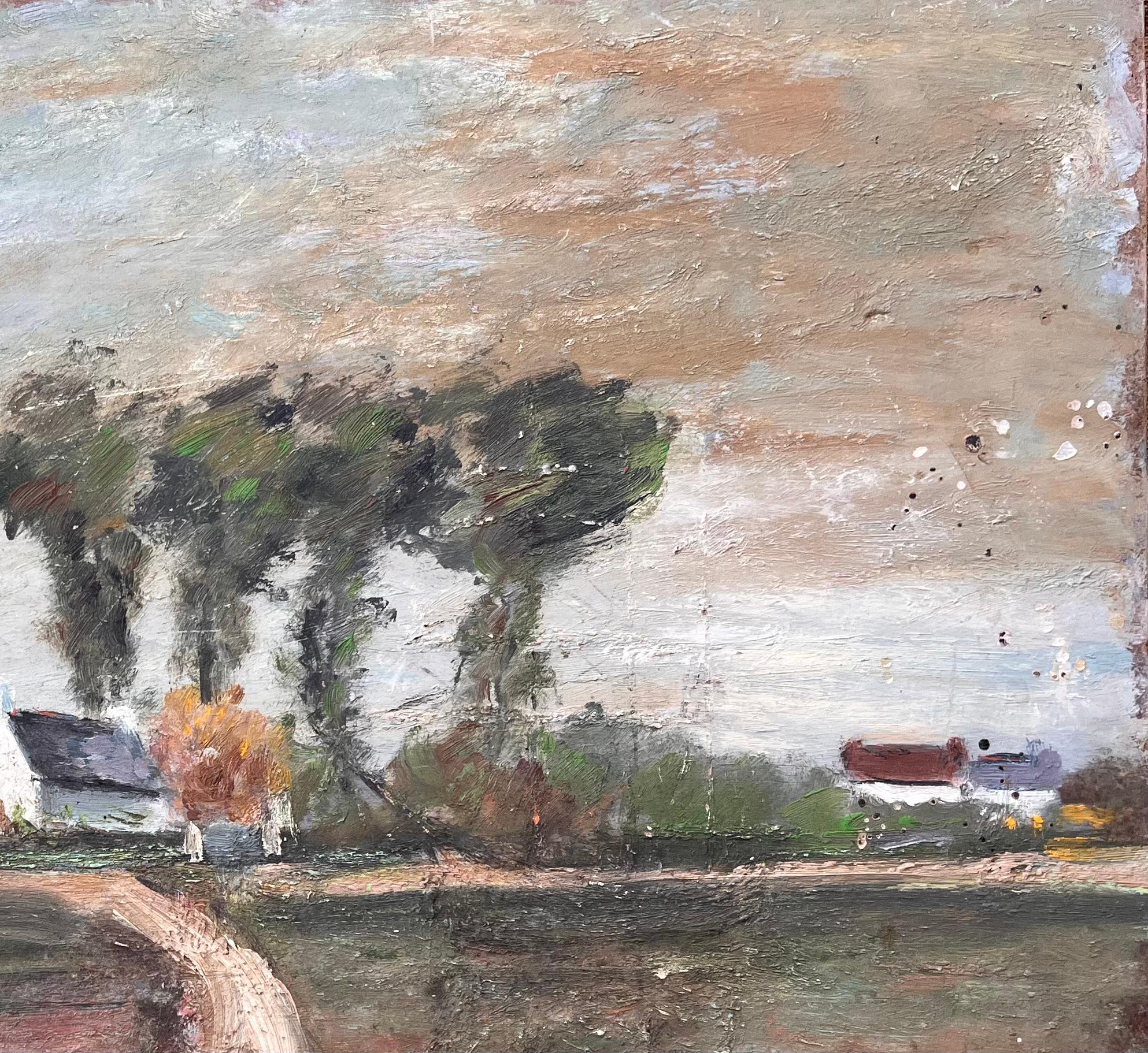 Pittura ad olio di campagna francese con sentiero curvo Agriturismo Autunno Alberi e Campi - Landscape Painting Marrone di Fanch Lel