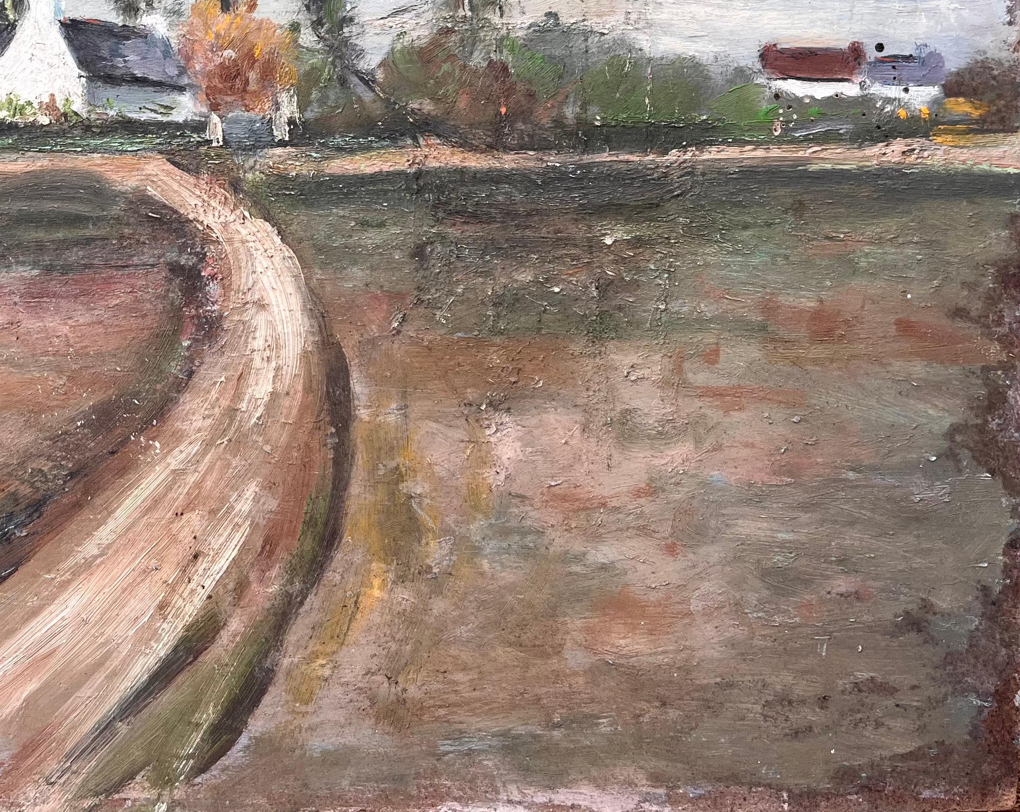 Pittura ad olio di campagna francese con sentiero curvo Agriturismo Autunno Alberi e Campi in vendita 1