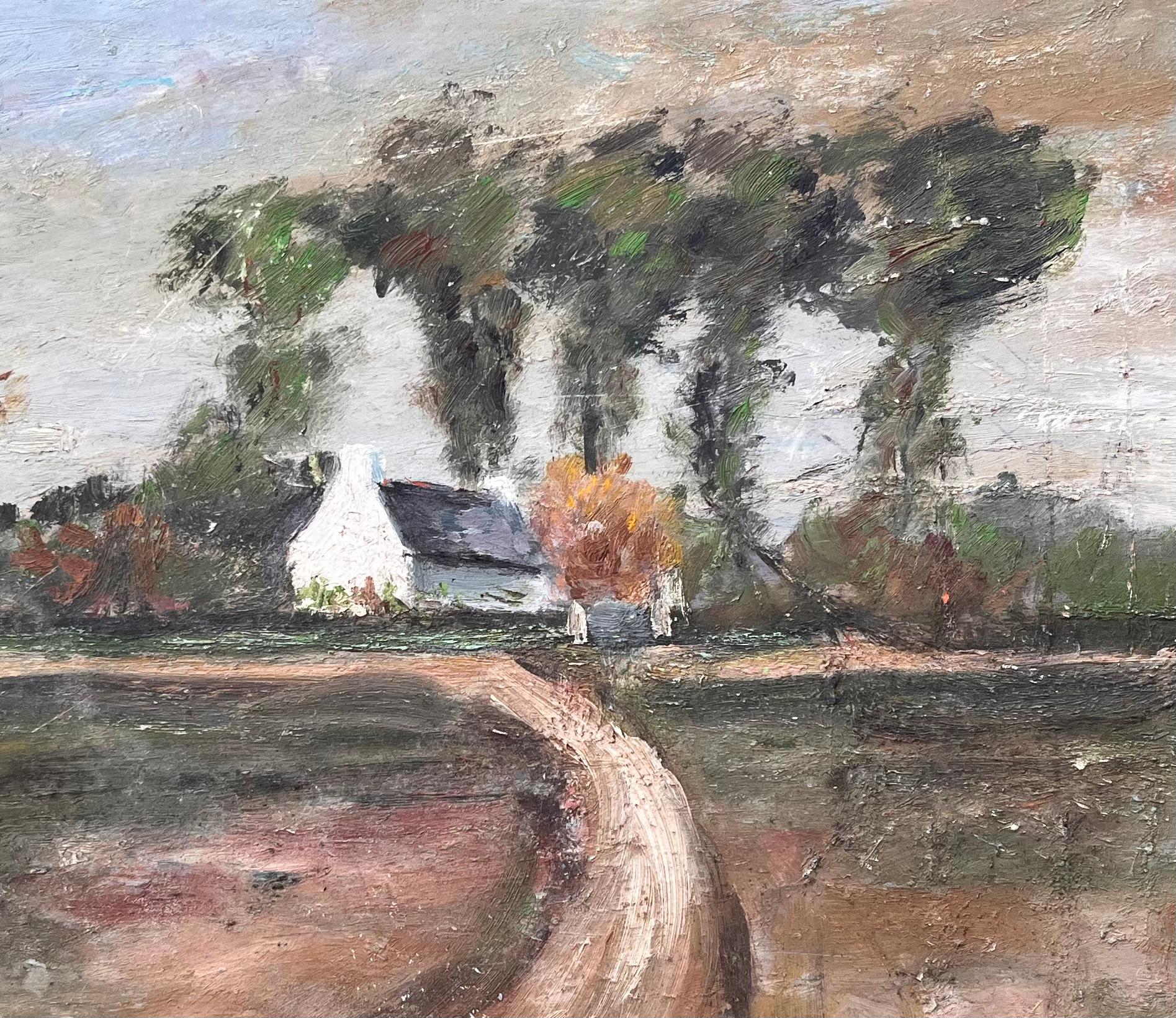 Pittura ad olio di campagna francese con sentiero curvo Agriturismo Autunno Alberi e Campi in vendita 2
