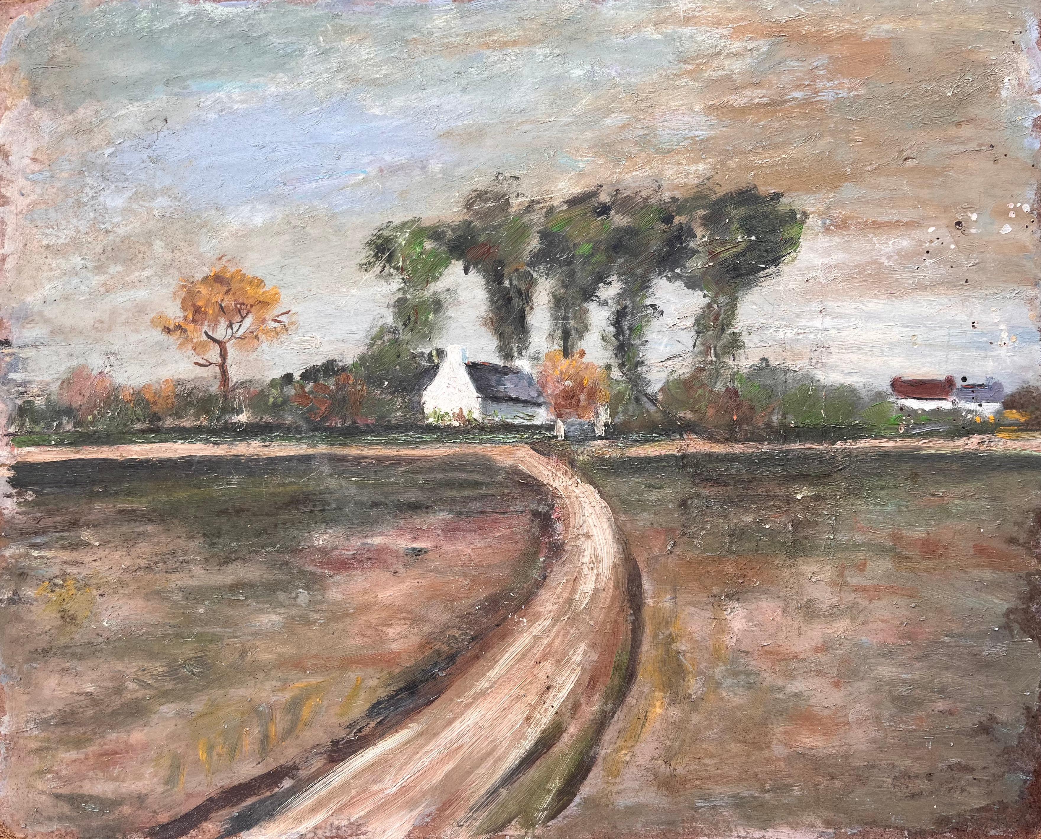 Französische Landschaft, Ölgemälde mit geschwungenen Pfade, Bauernhaus, Herbst Bäume und Felder, Französische Landschaft