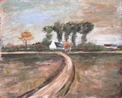 French Countryside Oil Painting of Curved Path Farmhouse Autumn Trees and Fields