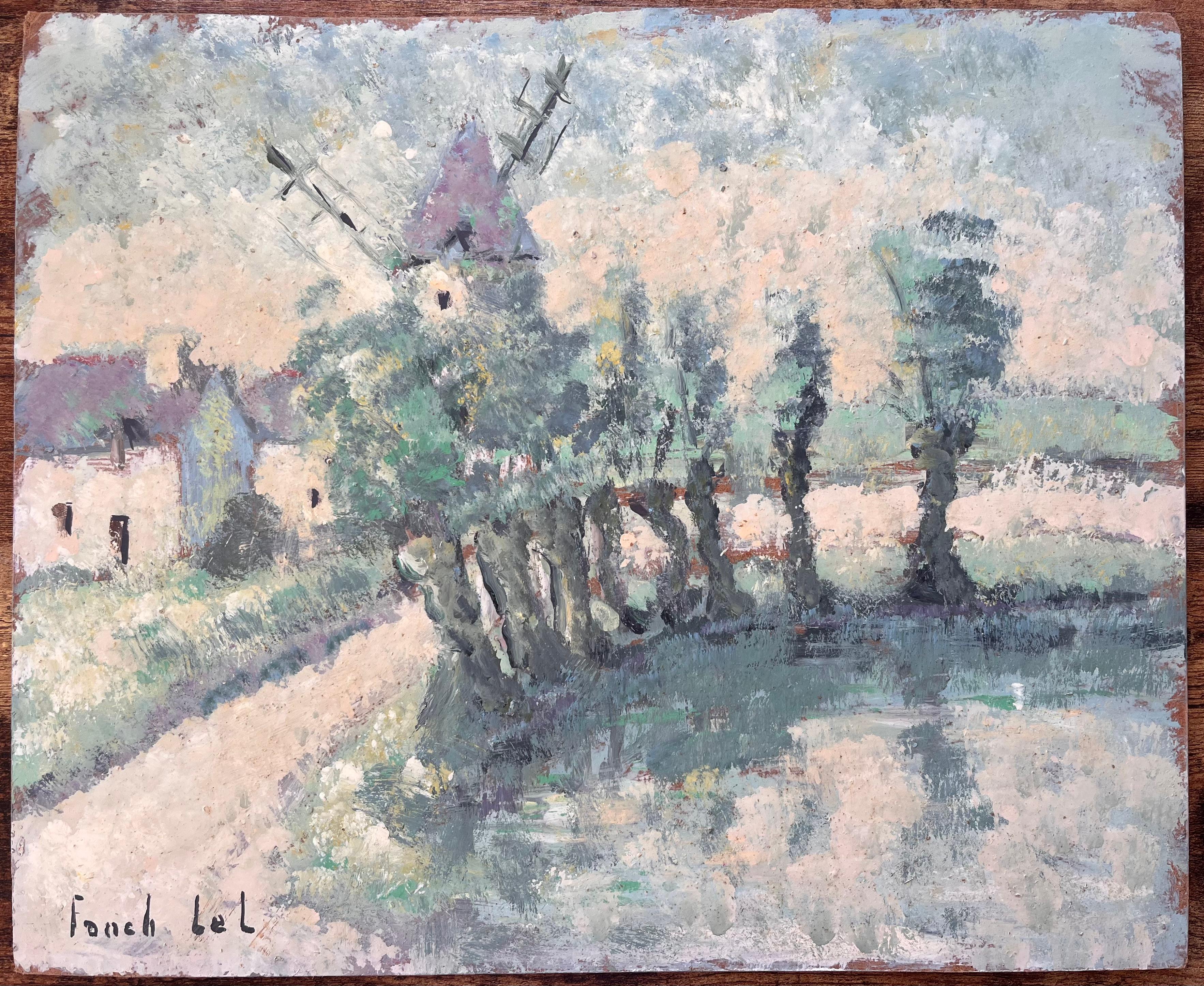 Peinture à l'huile de la campagne française avec moulin à vent, étang et chalets - Painting de Fanch Lel
