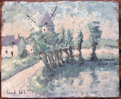 French Countryside Oil Painting with Windmill Pond and Cottages