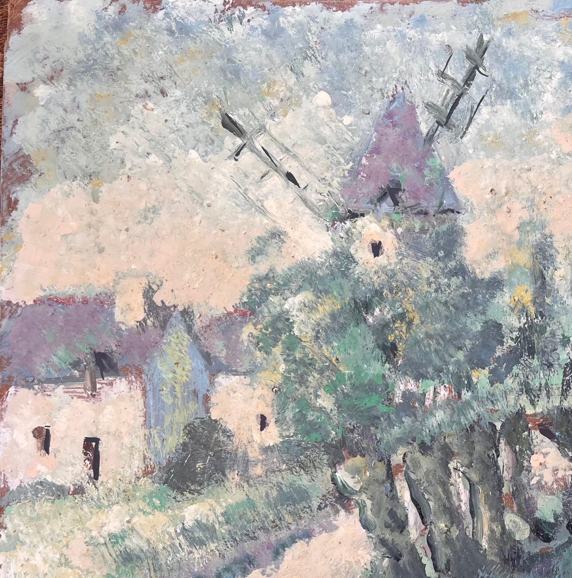 Peinture à l'huile de la campagne française avec moulin à vent, étang et chalets - Impressionnisme Painting par Fanch Lel