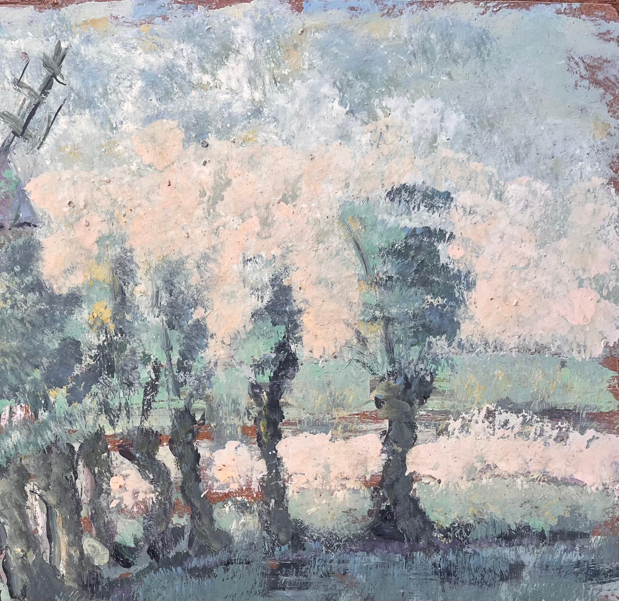 Peinture à l'huile de la campagne française avec moulin à vent, étang et chalets - Gris Landscape Painting par Fanch Lel