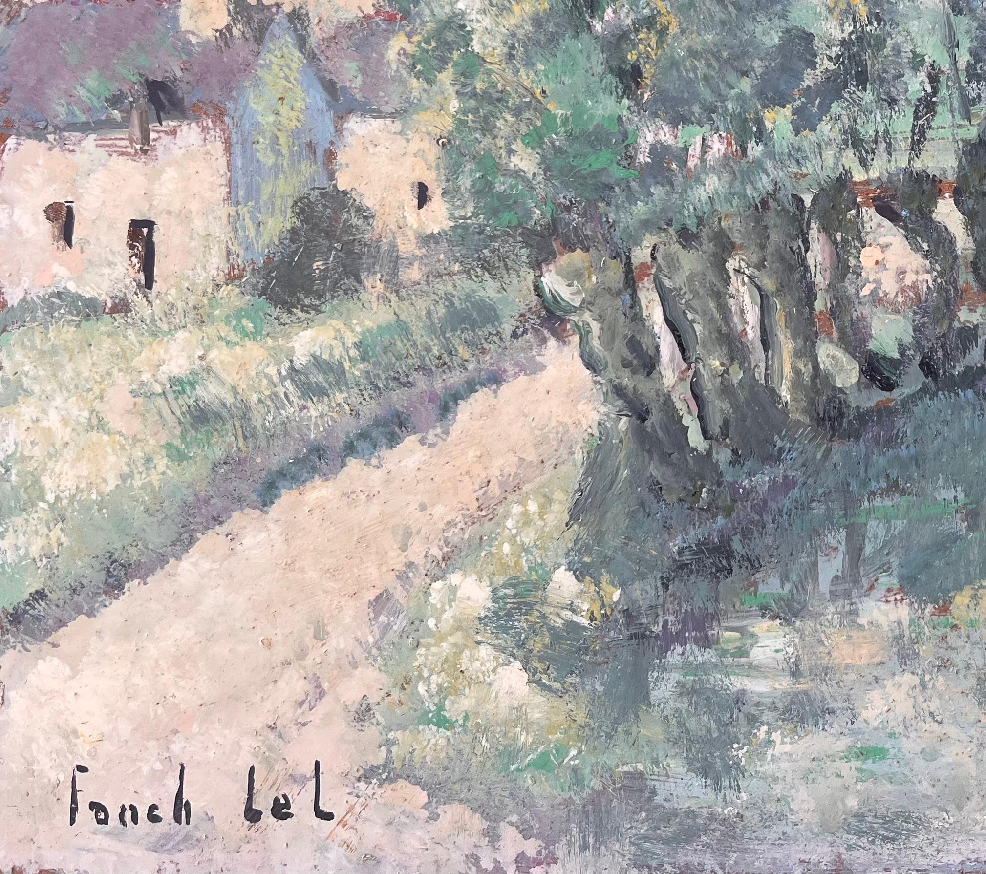 Peinture à l'huile de la campagne française avec moulin à vent, étang et chalets en vente 1