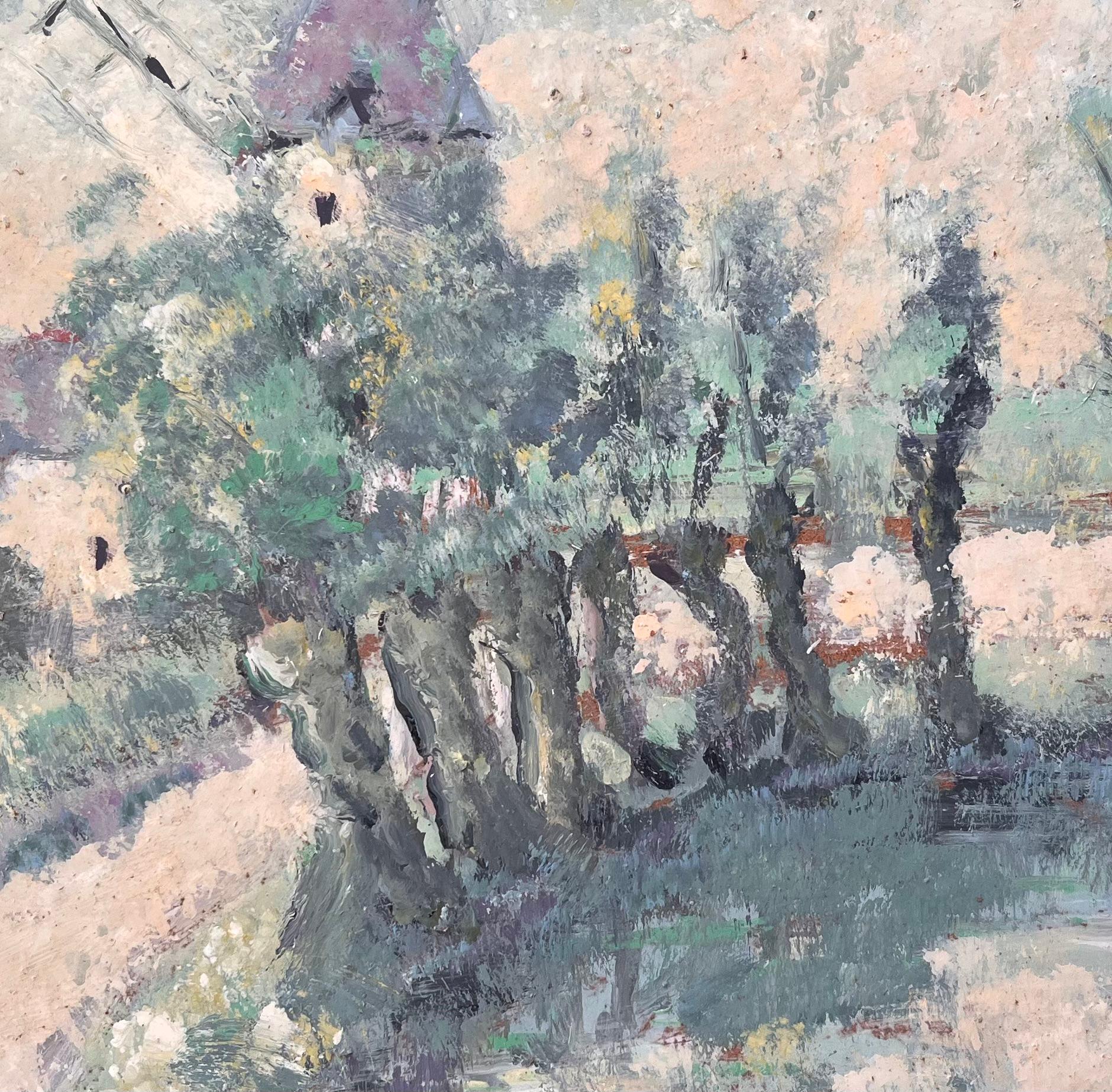 Peinture à l'huile de la campagne française avec moulin à vent, étang et chalets en vente 2