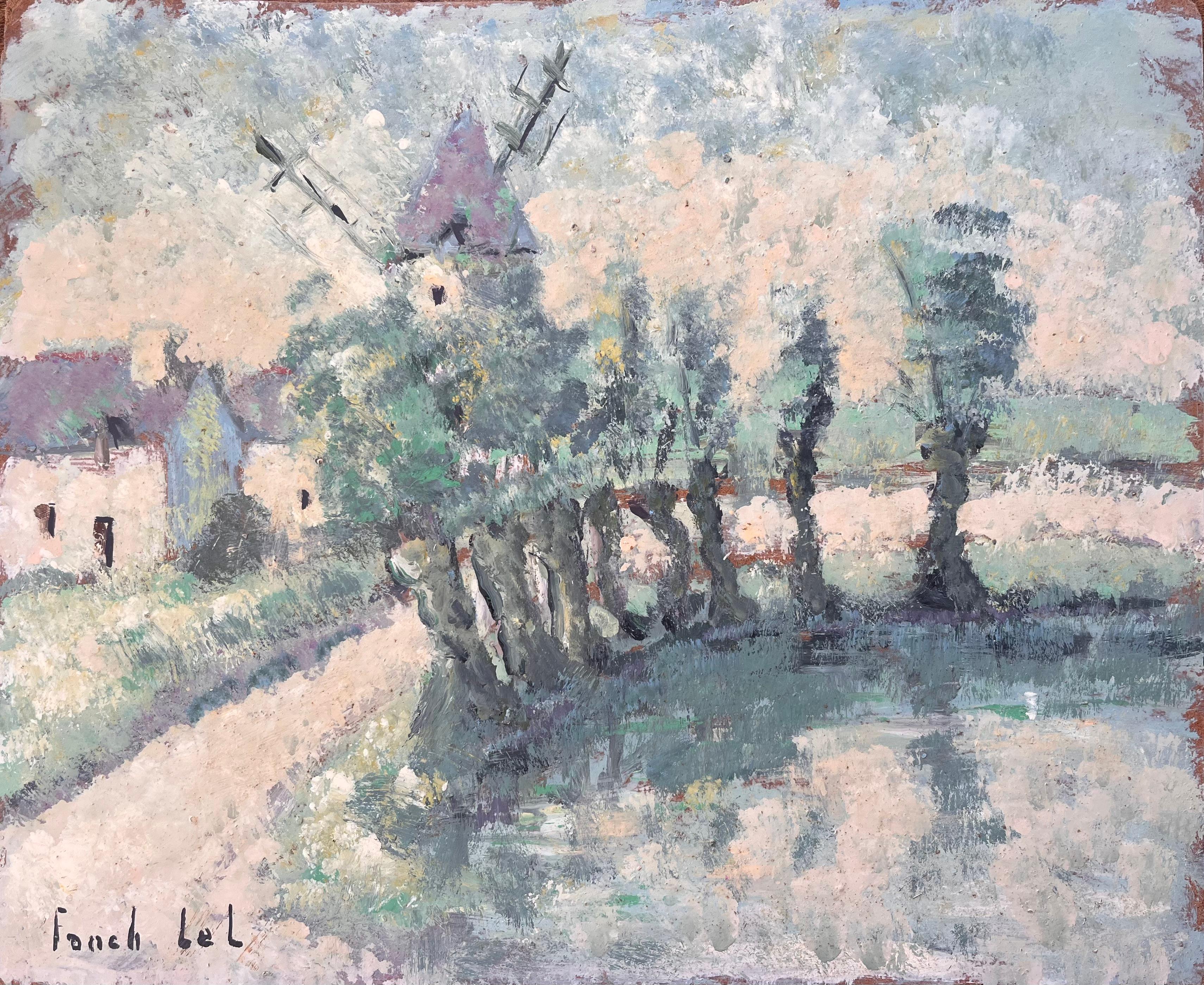 French Countryside Oil Painting with Windmill Pond and Cottages