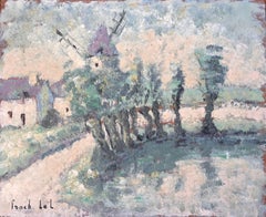 French Countryside Oil Painting with Windmill Pond and Cottages