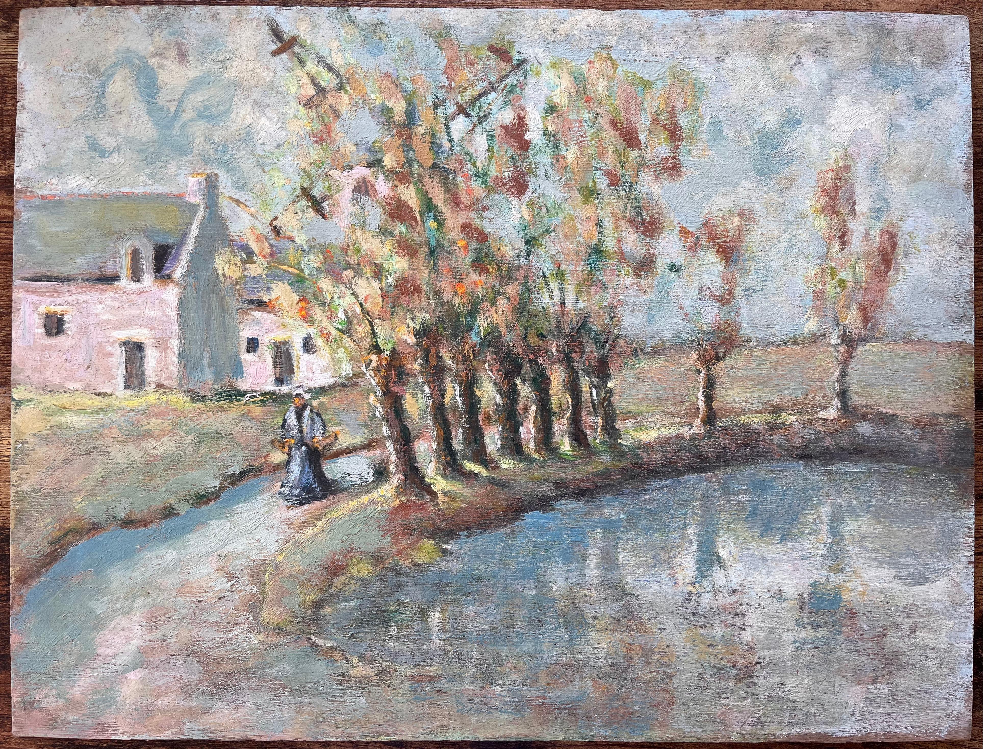 French Countryside Painting of Tree Lined Pond and Village Path with Figure - Gray Landscape Painting by Fanch Lel