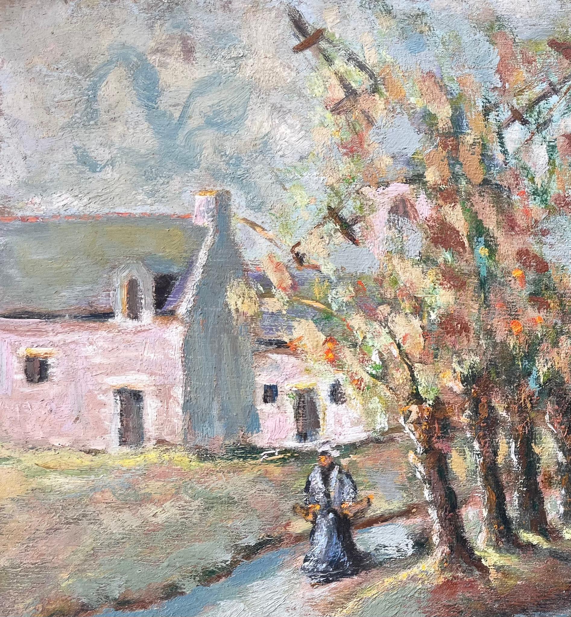 Title: French Countryside Painting of Tree Lined Pond and Village Path with Figure
By Fanch Lel
Size: 13.75 x 18.25 inches (height x width)
Oil painting on board, unframed
Condition: The painting is in good condition with minor signs of wear and