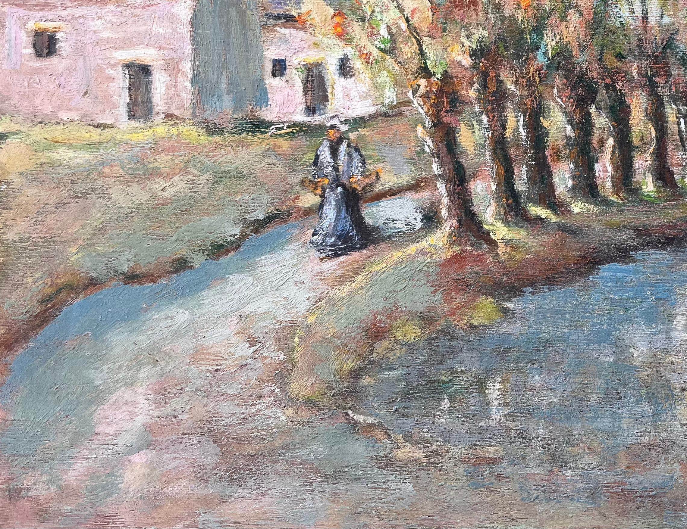 French Countryside Painting of Tree Lined Pond and Village Path with Figure For Sale 1
