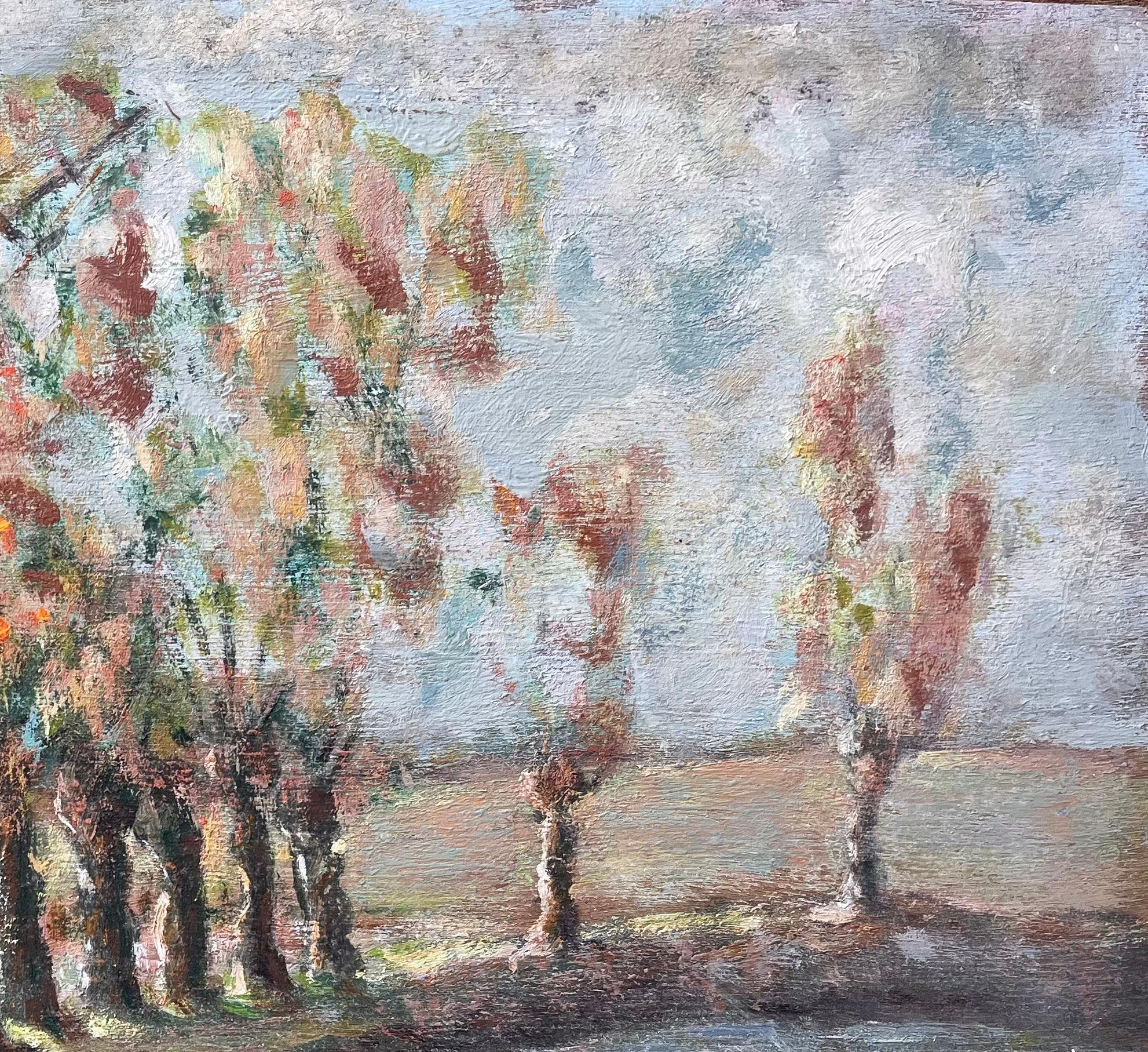 French Countryside Painting of Tree Lined Pond and Village Path with Figure For Sale 2