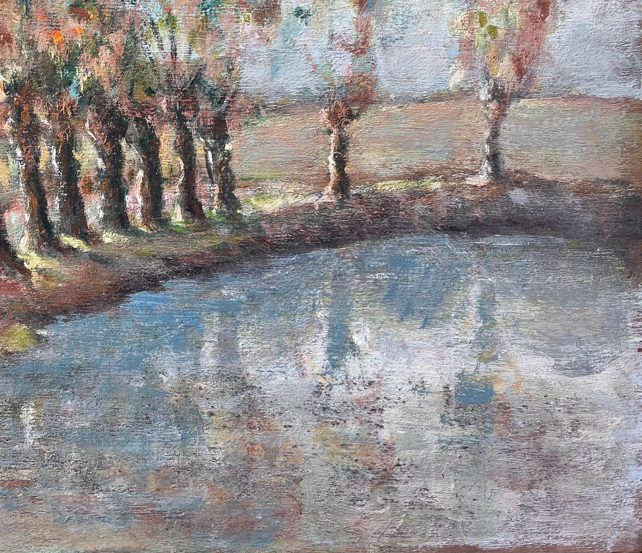 French Countryside Painting of Tree Lined Pond and Village Path with Figure For Sale 3