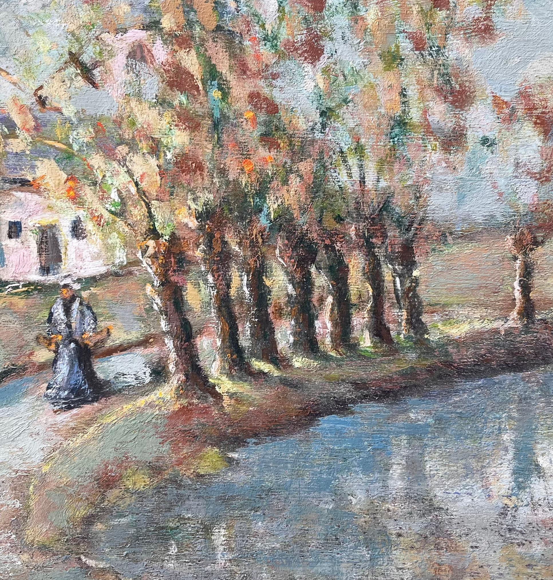 French Countryside Painting of Tree Lined Pond and Village Path with Figure For Sale 4
