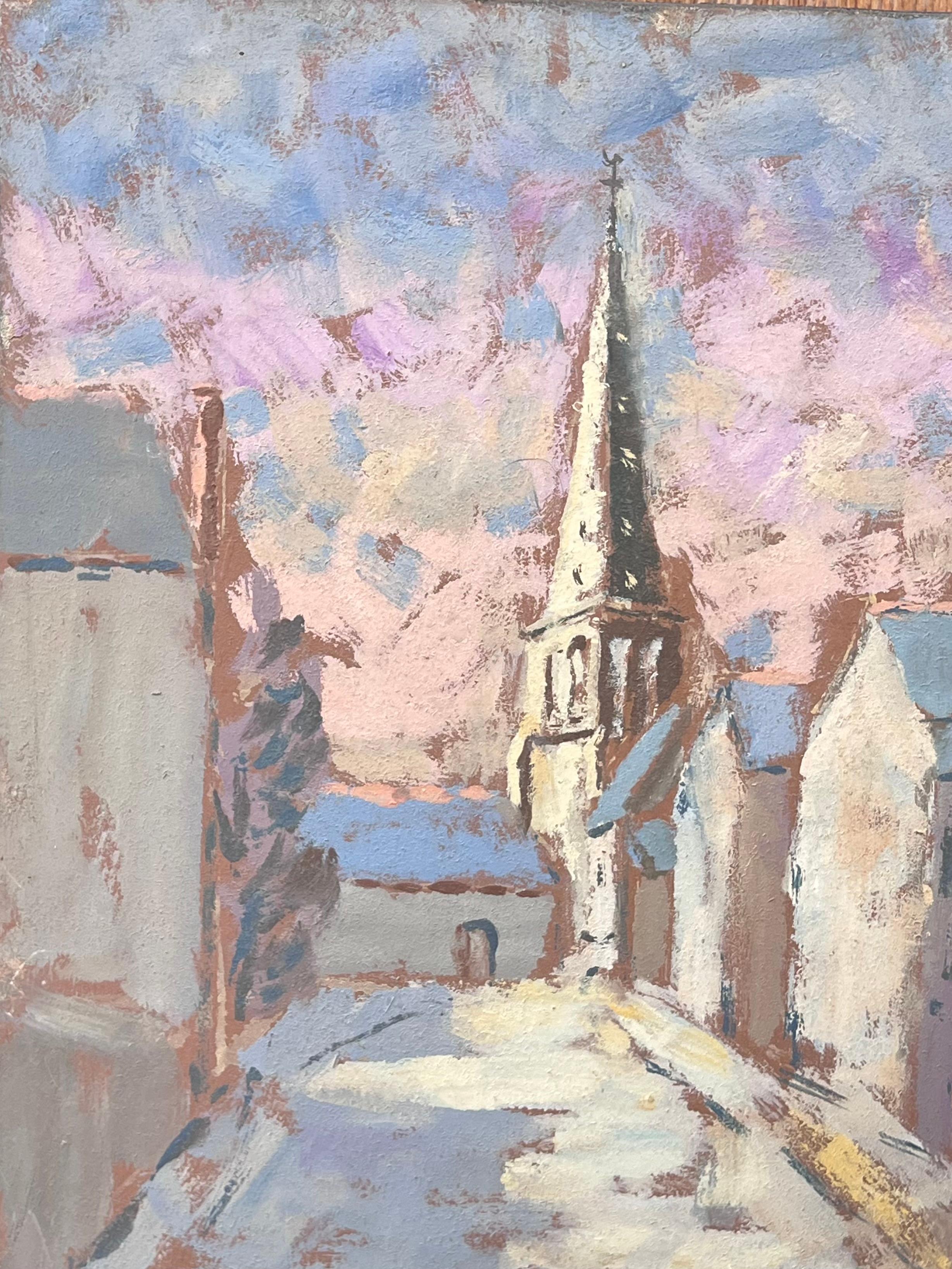 French Dappled Light Street Path Leading To The Church Landscape Oil Painting - Gray Landscape Painting by Fanch Lel