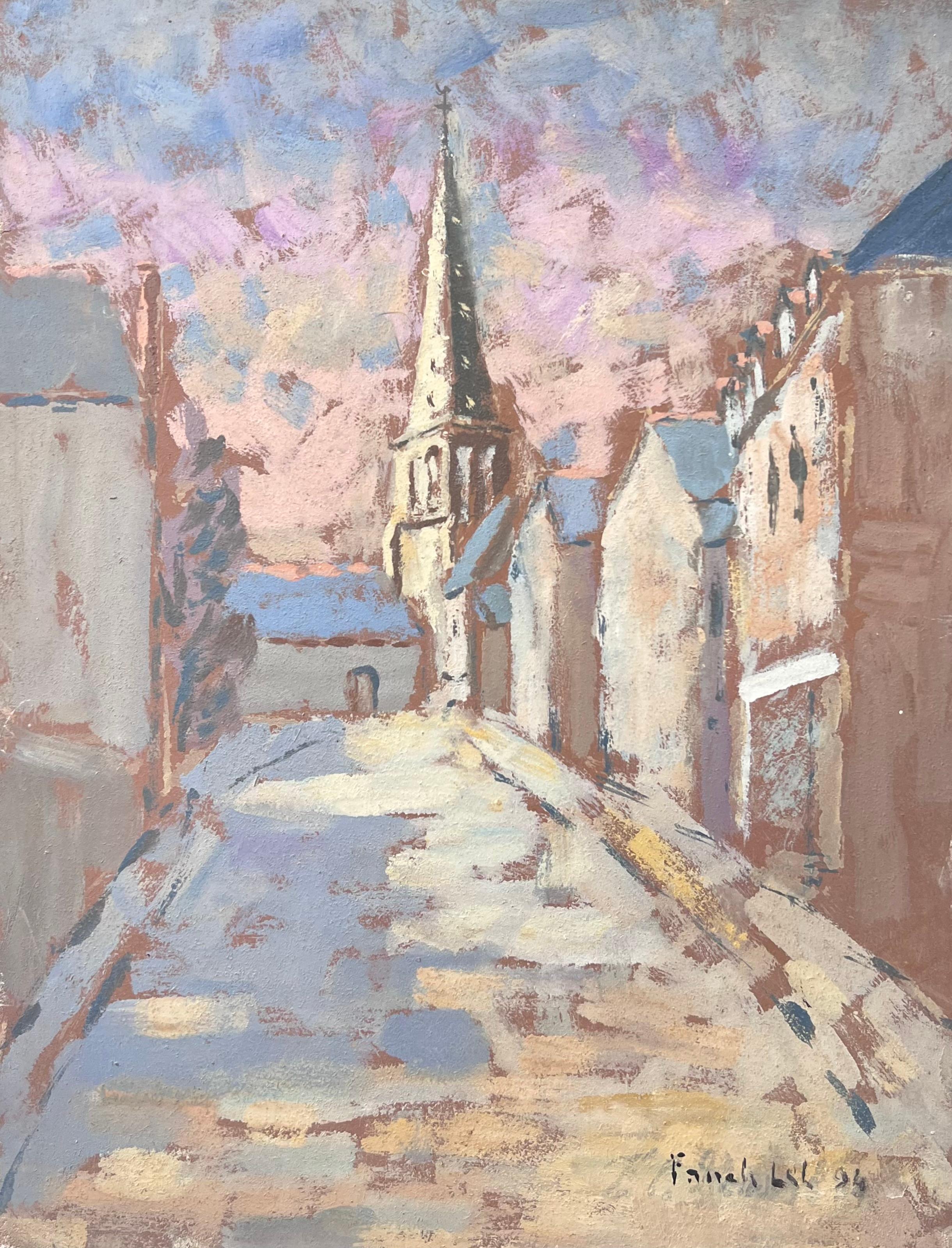 French Dappled Light Street Path Leading To The Church Landscape Oil Painting For Sale 1