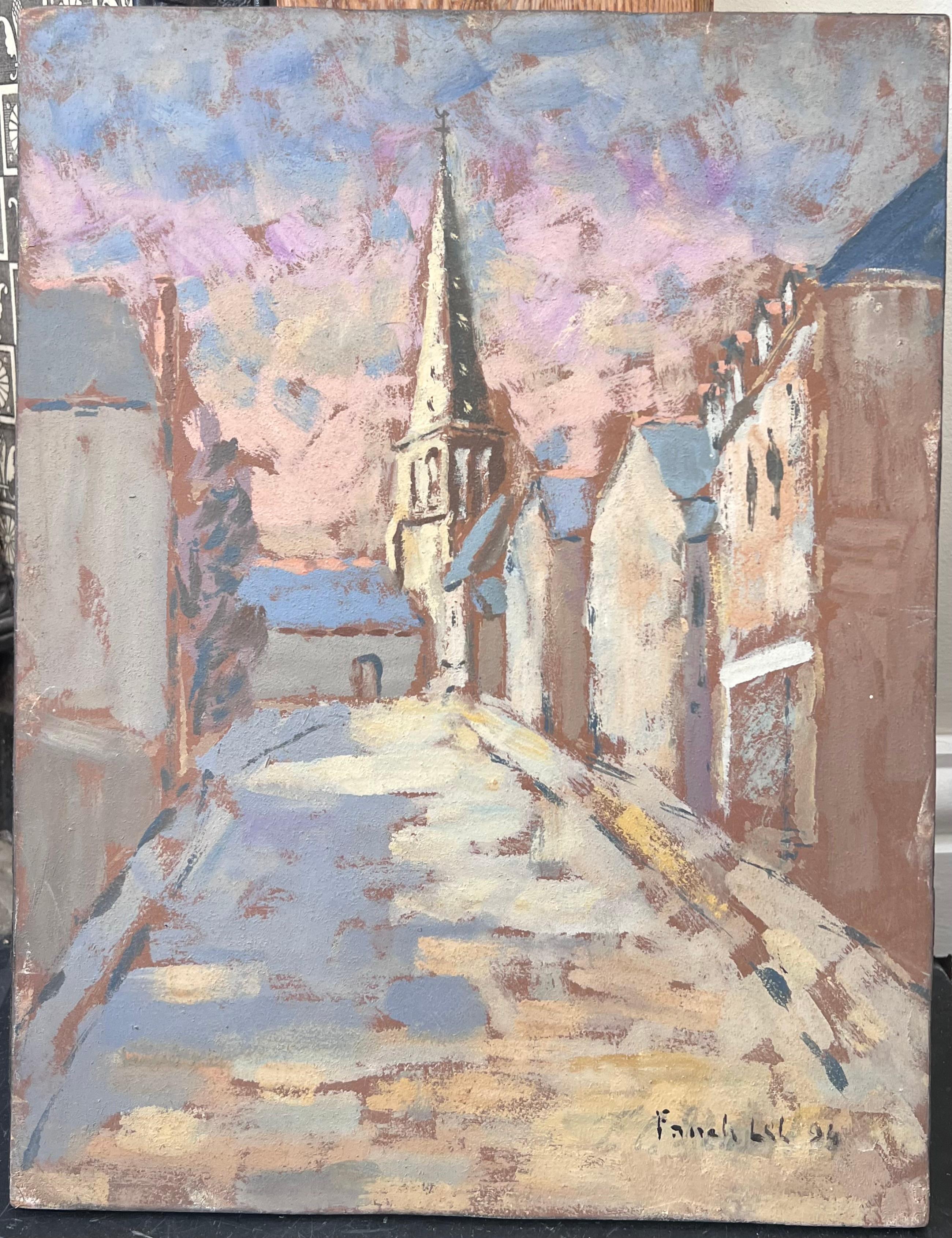 French Dappled Light Street Path Leading To The Church Landscape Oil Painting For Sale 2