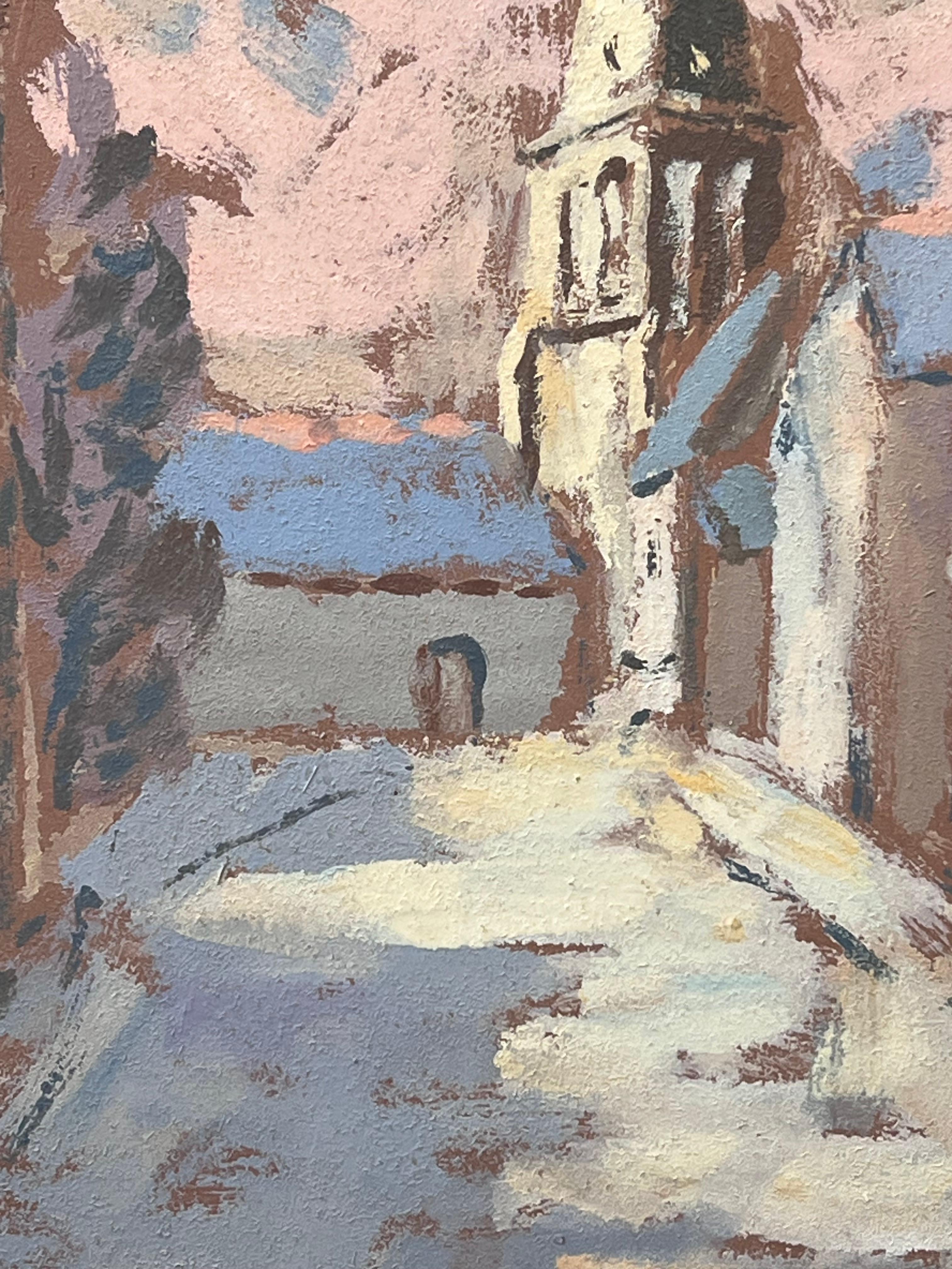 French Dappled Light Street Path Leading To The Church Landscape Oil Painting For Sale 3