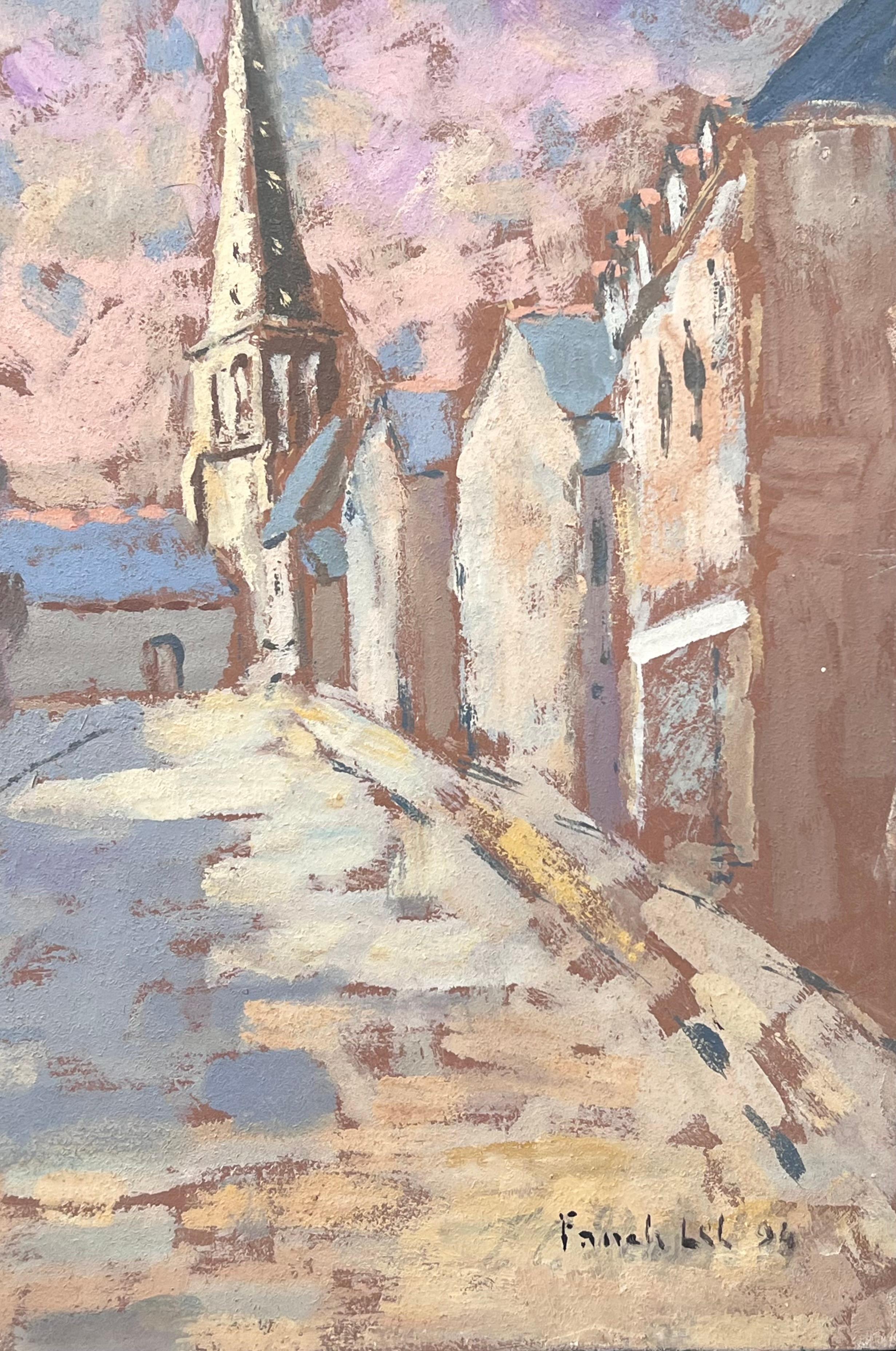 French Dappled Light Street Path Leading To The Church Landscape Oil Painting For Sale 5