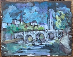 Gouache expresionista francés de puente arqueado e iglesia de pueblo