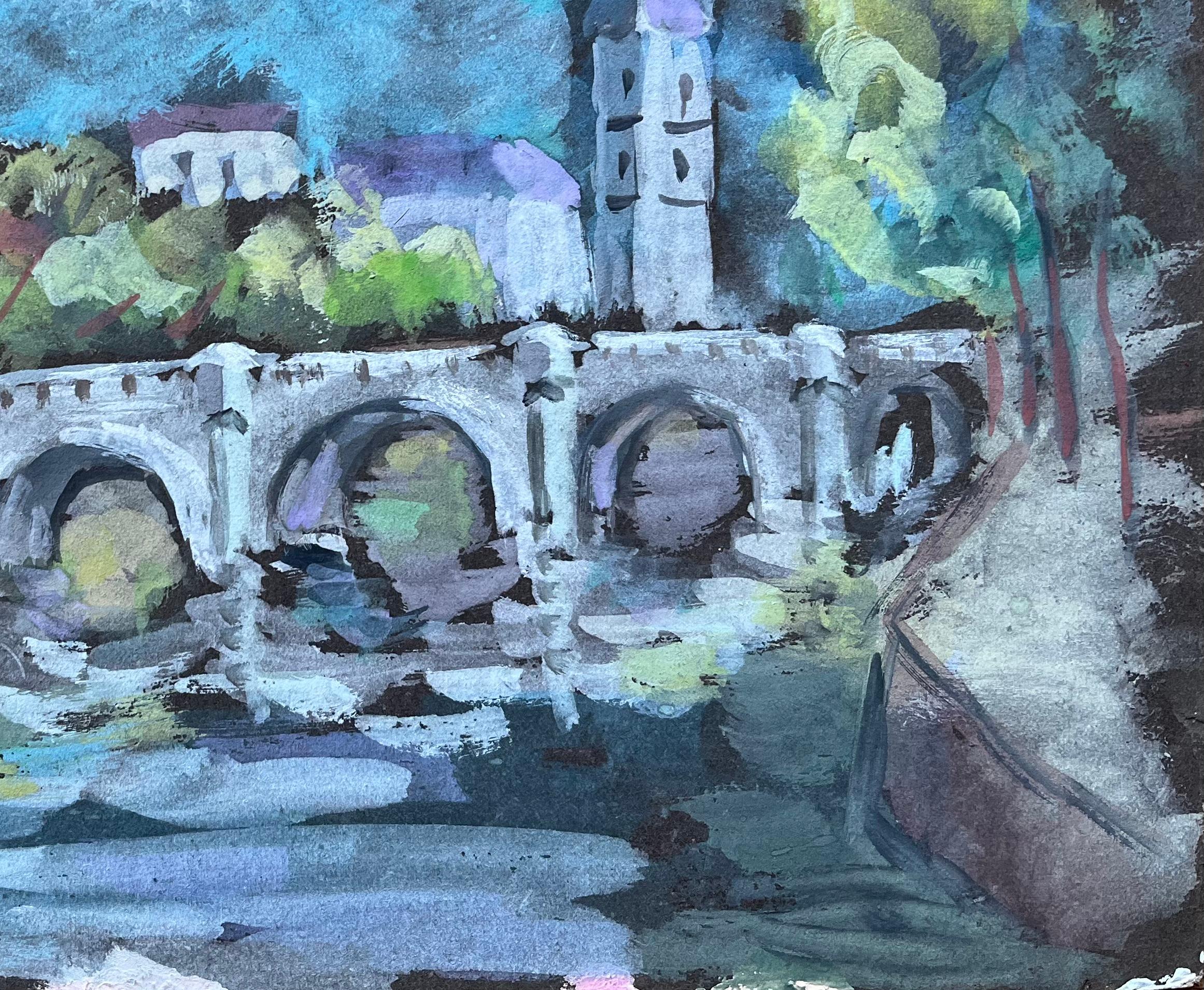 Gouache expresionista francés de puente arqueado e iglesia de pueblo - Figurative Painting Azul de Fanch Lel