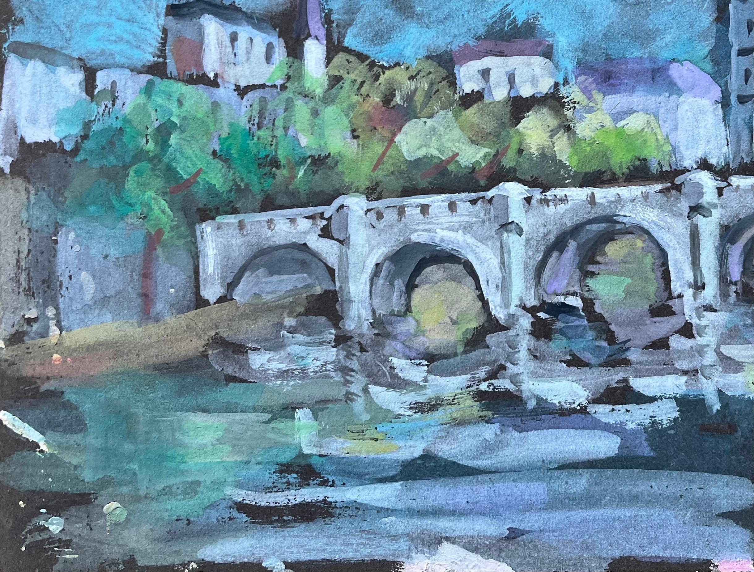 Título: Gouache expresionista francés de puente arqueado e iglesia de pueblo
por Fanch Lel
Tamaño: 8,75 pulgadas (alto) x 11,5 pulgadas (ancho)
Pintura al gouache sobre papel, sin enmarcar
Estado de conservación: El cuadro está en buen estado, con