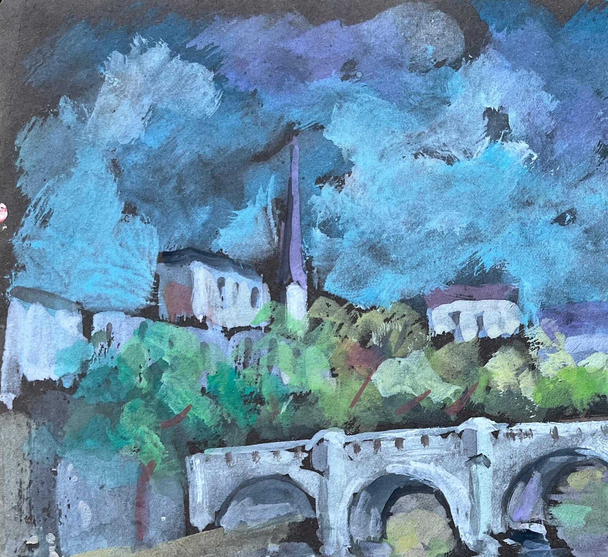 Gouache expresionista francés de puente arqueado e iglesia de pueblo en venta 1