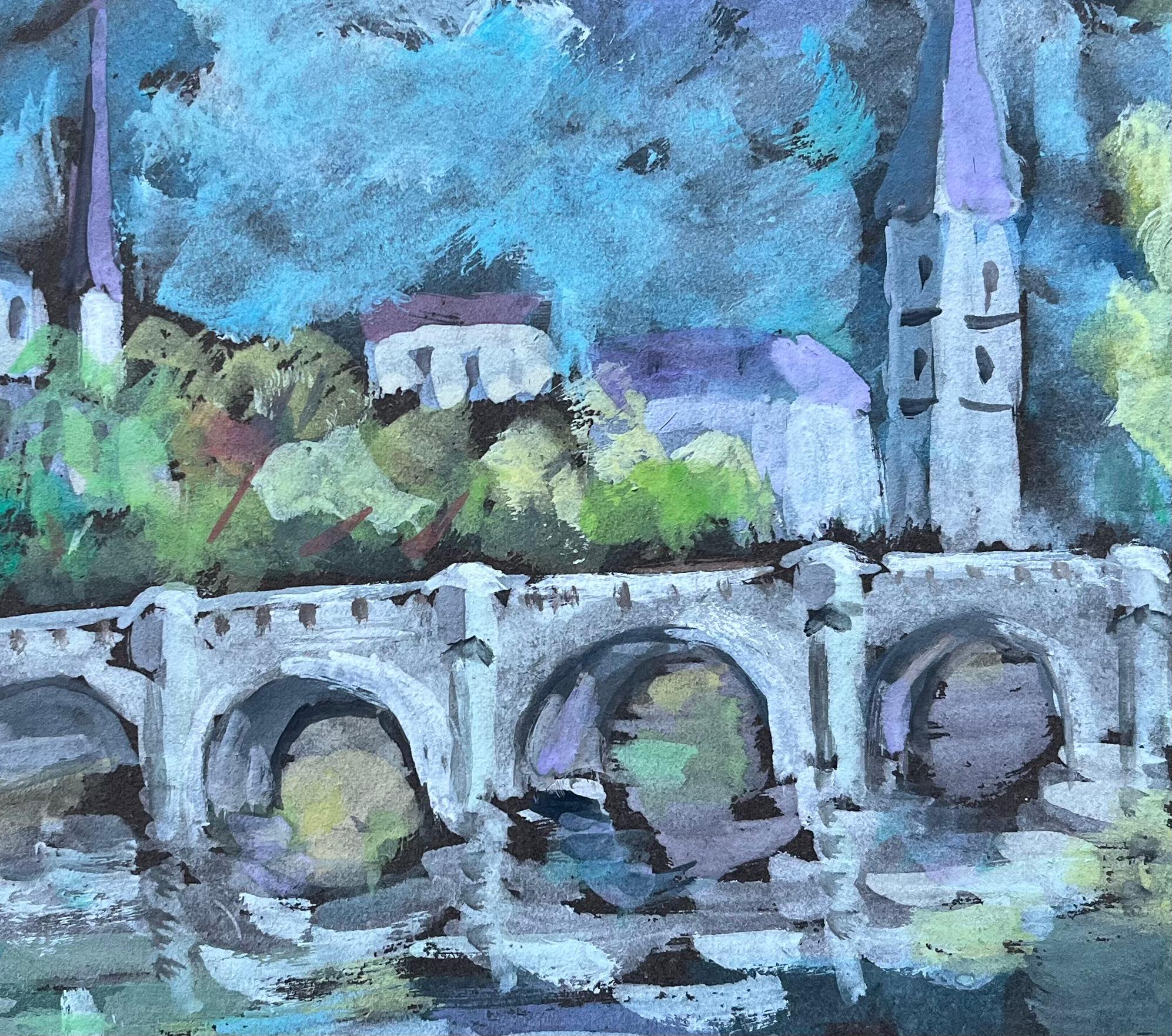 Gouache expresionista francés de puente arqueado e iglesia de pueblo en venta 2