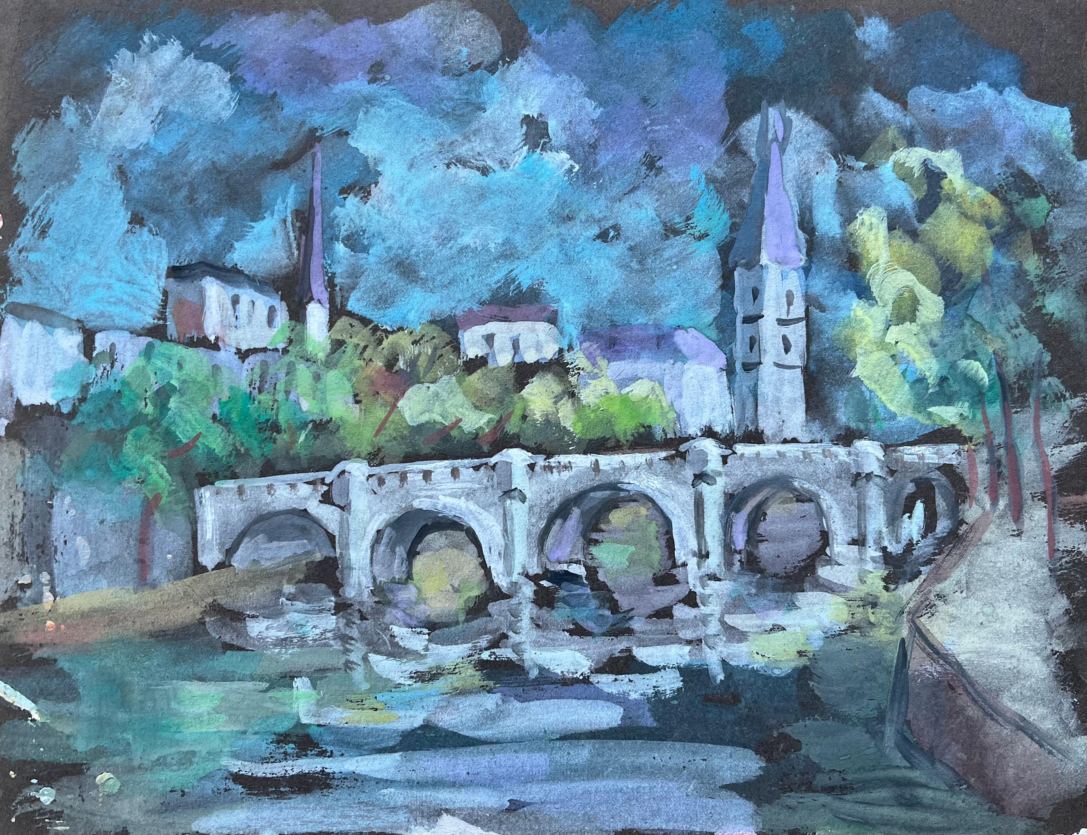 Gouache espressionista francese di un ponte ad arco e di una chiesa di paese
