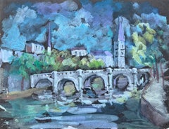 French Expressionist Gouache of Arched Bridge and Village Church