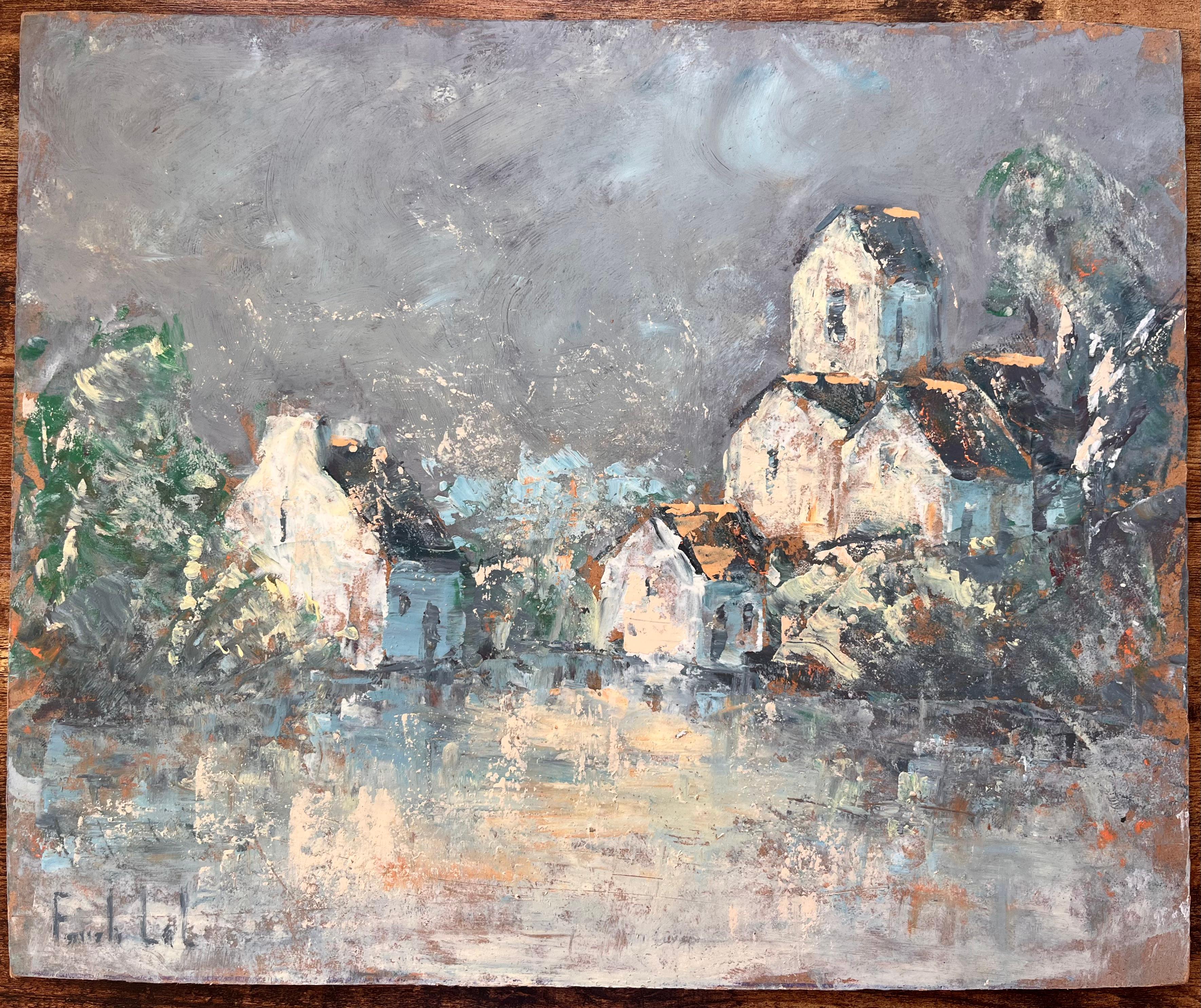 Französischer Expressionist Öl von Dorf mit Church's unter stürmischem Himmel – Painting von Fanch Lel