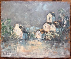 Óleo expresionista francés de pueblo con iglesia bajo cielo tormentoso