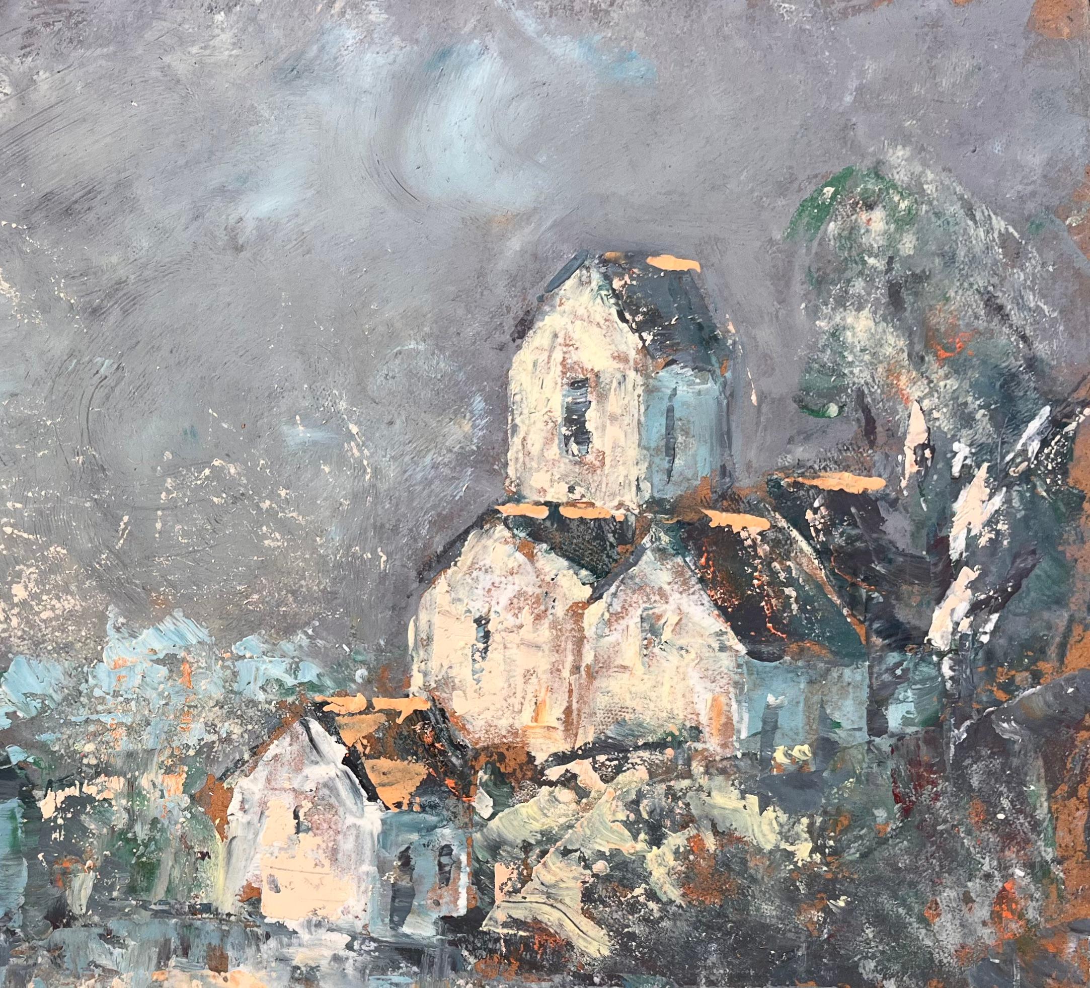 Französischer Expressionist Öl von Dorf mit Church's unter stürmischem Himmel (Impressionismus), Painting, von Fanch Lel