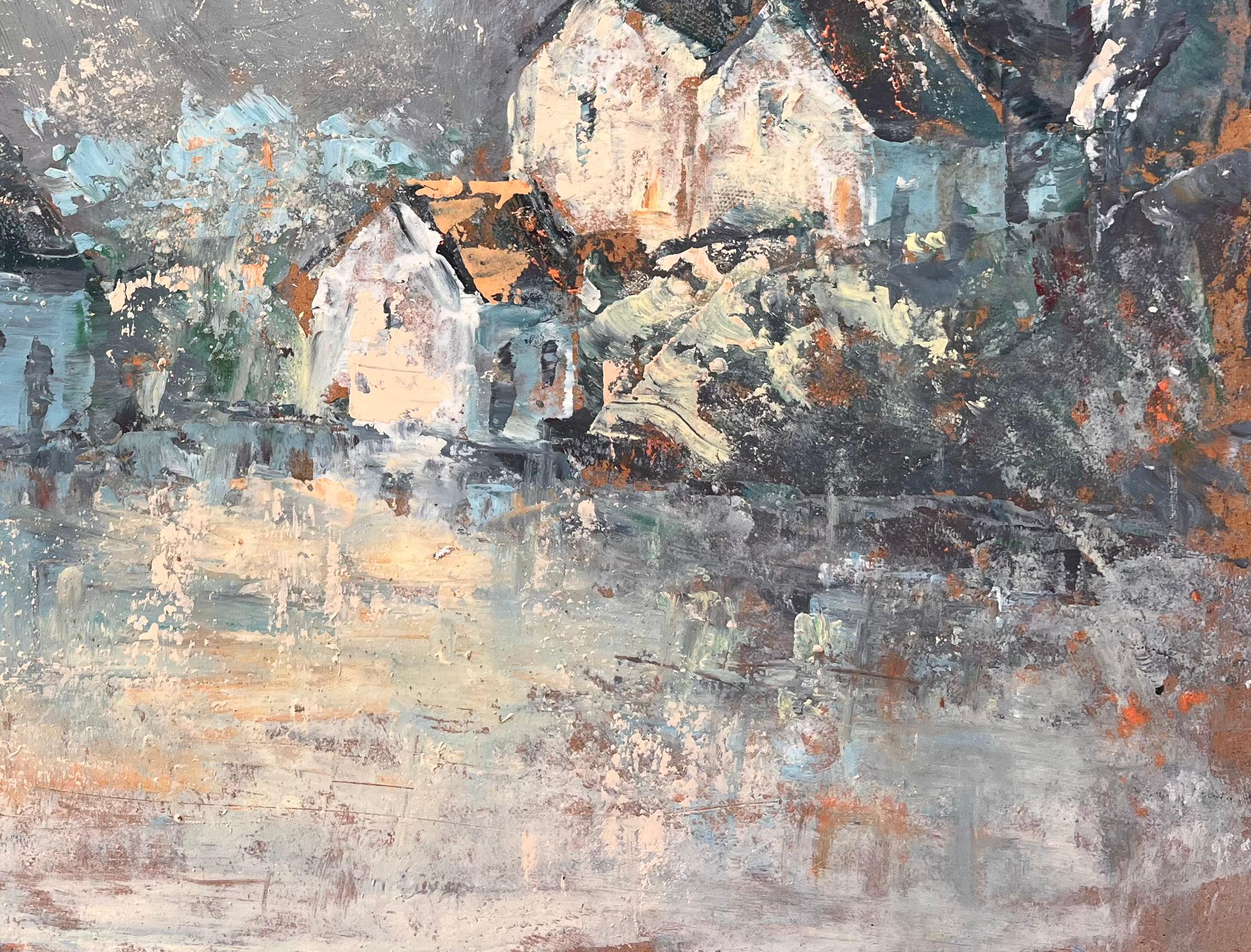 Französischer Expressionist Öl von Dorf mit Church's unter stürmischem Himmel (Grau), Abstract Painting, von Fanch Lel