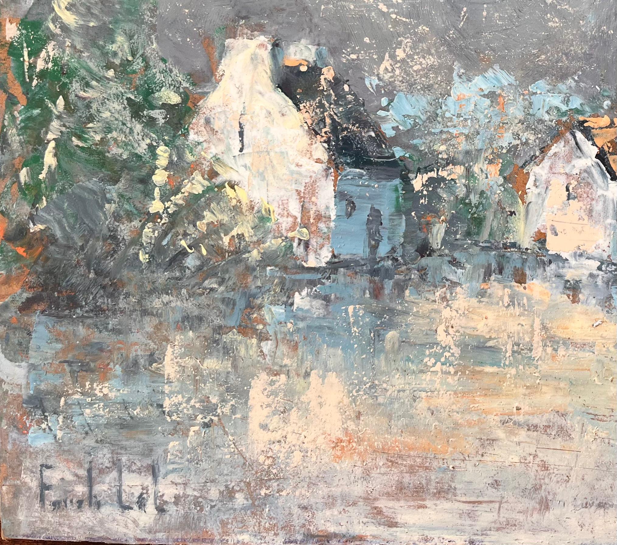 Titel: Französischer Expressionist Öl von Dorf mit Church's unter stürmischem Himmel
Von Fanch Lel
Unterzeichnet: ja
Größe: 15 x 18 Zoll (Höhe x Breite)
Ölgemälde auf Karton, ungerahmt
Zustand: Das Gemälde ist in gutem Zustand mit leichten